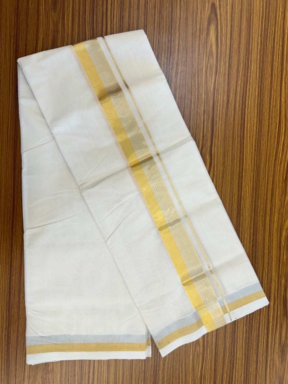 25% DISCOUNT ! KaithariKada HANDLOOM MILLPAAV Balaramapuram - 100% PURE Cotton Off White - (Unbleached) Double Mundu/Dhoti - 80X90 - 2 inch Gold Kasavu & Silver Kasavu Stripes Kara 4 mtr (8.5 muzham)- 29KK5234 RAM