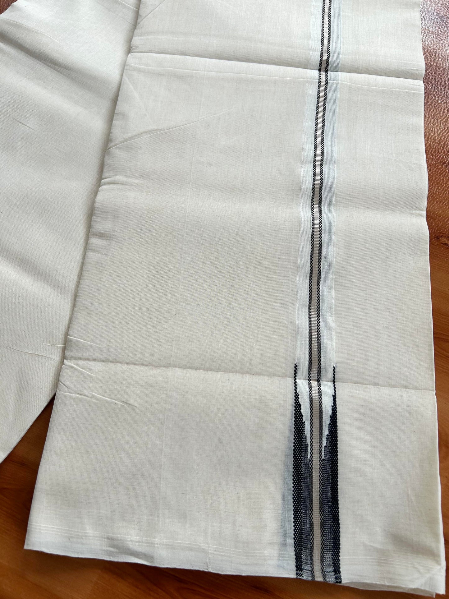 Double Off White - (Unbleached) Mundu/Dothi- 25% Discount!! KaithariKada Handloom Unakkupaav - Kerala Handloom - Pure Cotton - 80X90 - 0.5 inch Puliyilakkara Silver Kasav & Black Chutty Kara 4 mtr (8.5 muzham) - 6 KK5444 YAR
