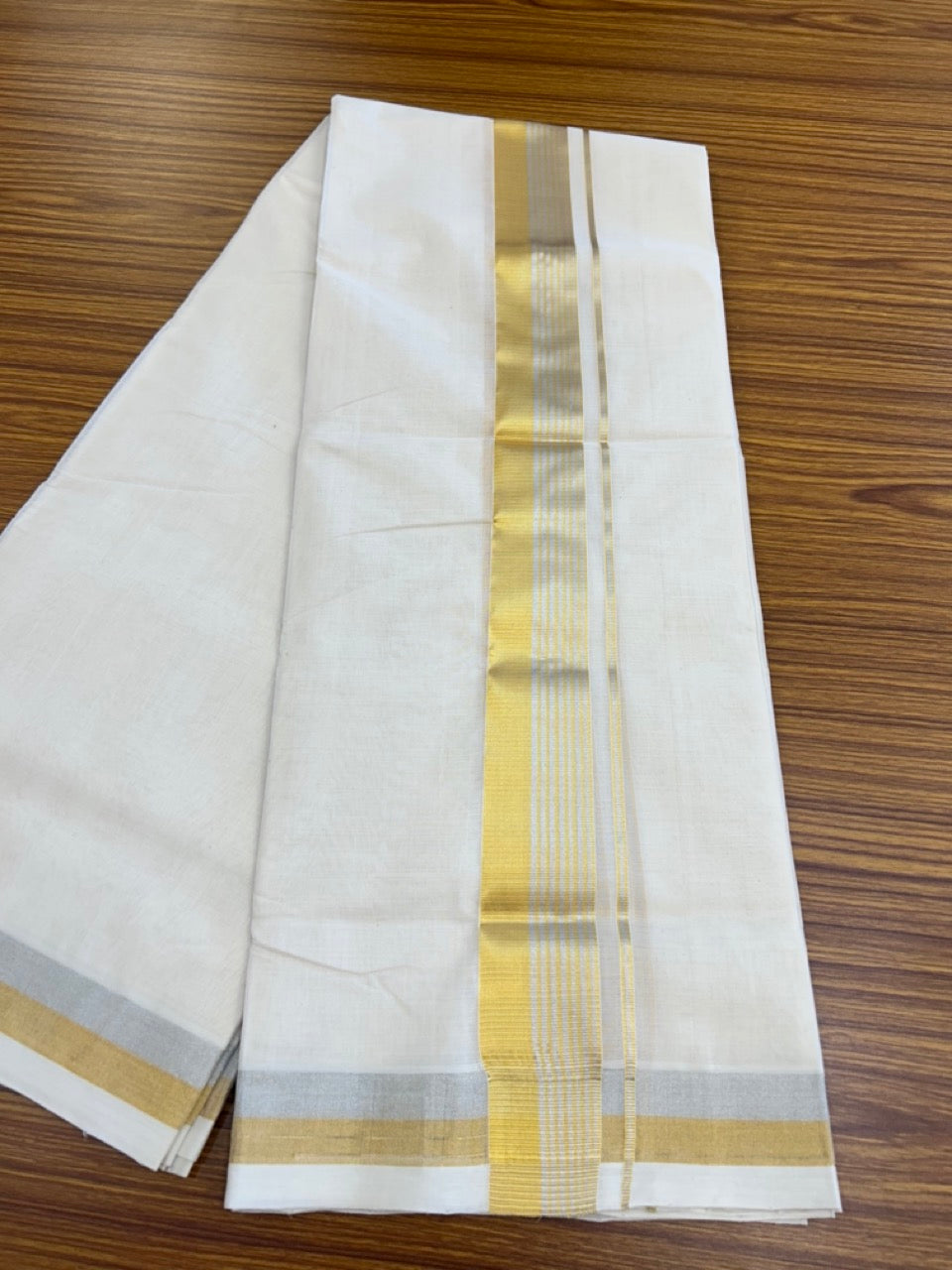 25% DISCOUNT ! KaithariKada HANDLOOM MILLPAAV Balaramapuram - 100% PURE Cotton Off White - (Unbleached) Double Mundu/Dhoti - 80X90 - 2 inch Gold Kasavu & Silver Kasavu Stripes Kara 4 mtr (8.5 muzham)- 29KK5234 RAM