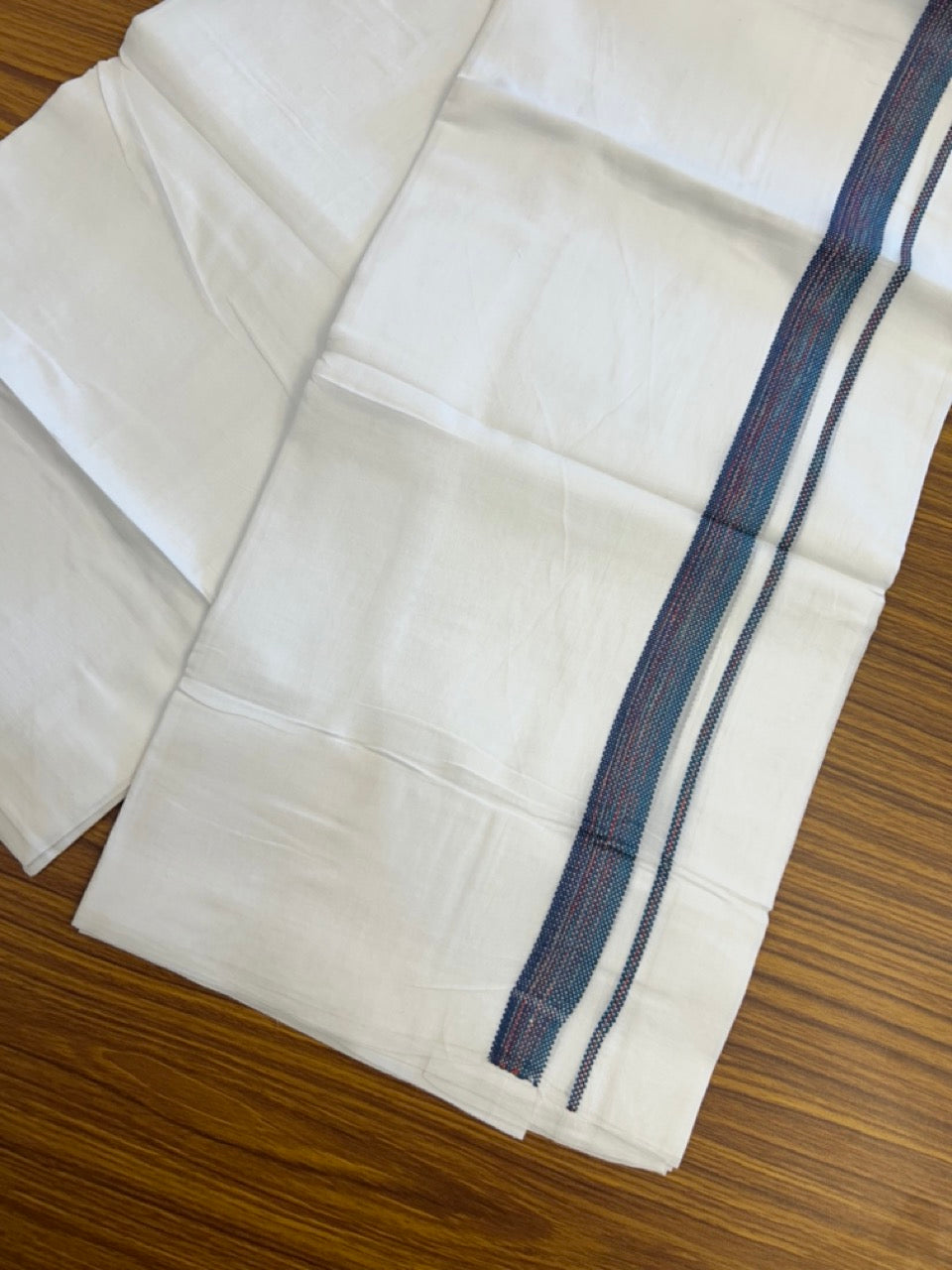 20% Discount ! Kaitharikada Balaramapuram 100% Cotton Pure White Double Rainbow Mundu/Dothi - 100x80 - 0.75 inch Navy Blue & Ocean Blue Multi colour Kara 3.80 mtr (8 muzham) - 22 KK5299 THI