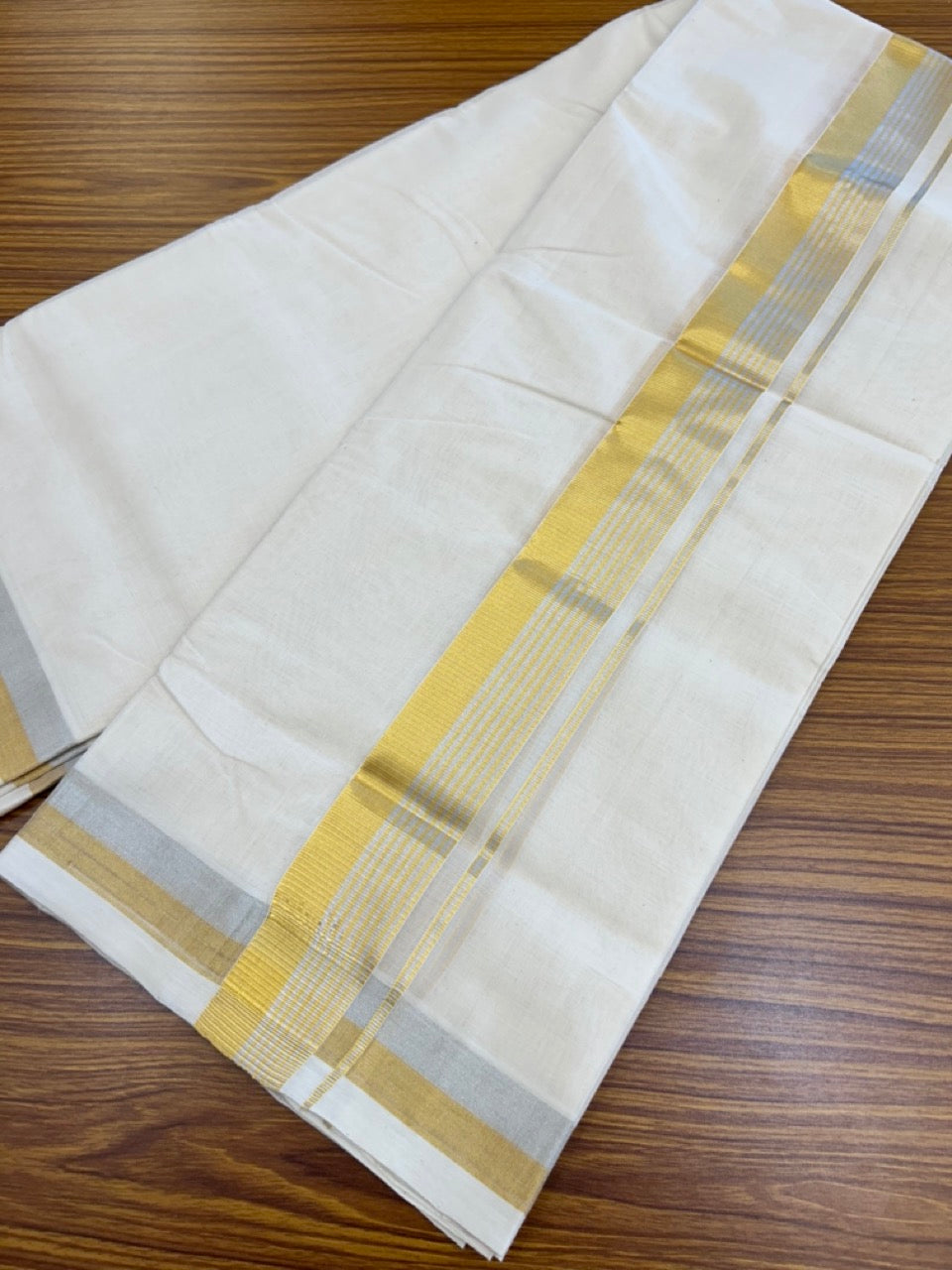 25% DISCOUNT ! KaithariKada HANDLOOM MILLPAAV Balaramapuram - 100% PURE Cotton Off White - (Unbleached) Double Mundu/Dhoti - 80X90 - 2 inch Gold Kasavu & Silver Kasavu Stripes Kara 4 mtr (8.5 muzham)- 29KK5234 RAM