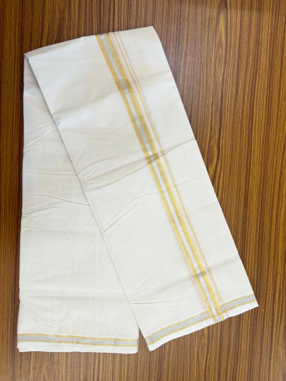 25% Discount ! KaithariKada HANDLOOM MILLPAAV Balaramapuram - 100% PURE Cotton Off White - (Unbleached) Double Mundu/Dhoti - 80X90 - 1 inch Gold Kasavu & Silver Kasavu Stripes Kara 4 mtr (8.5 muzham)- 30KK5234 RAM