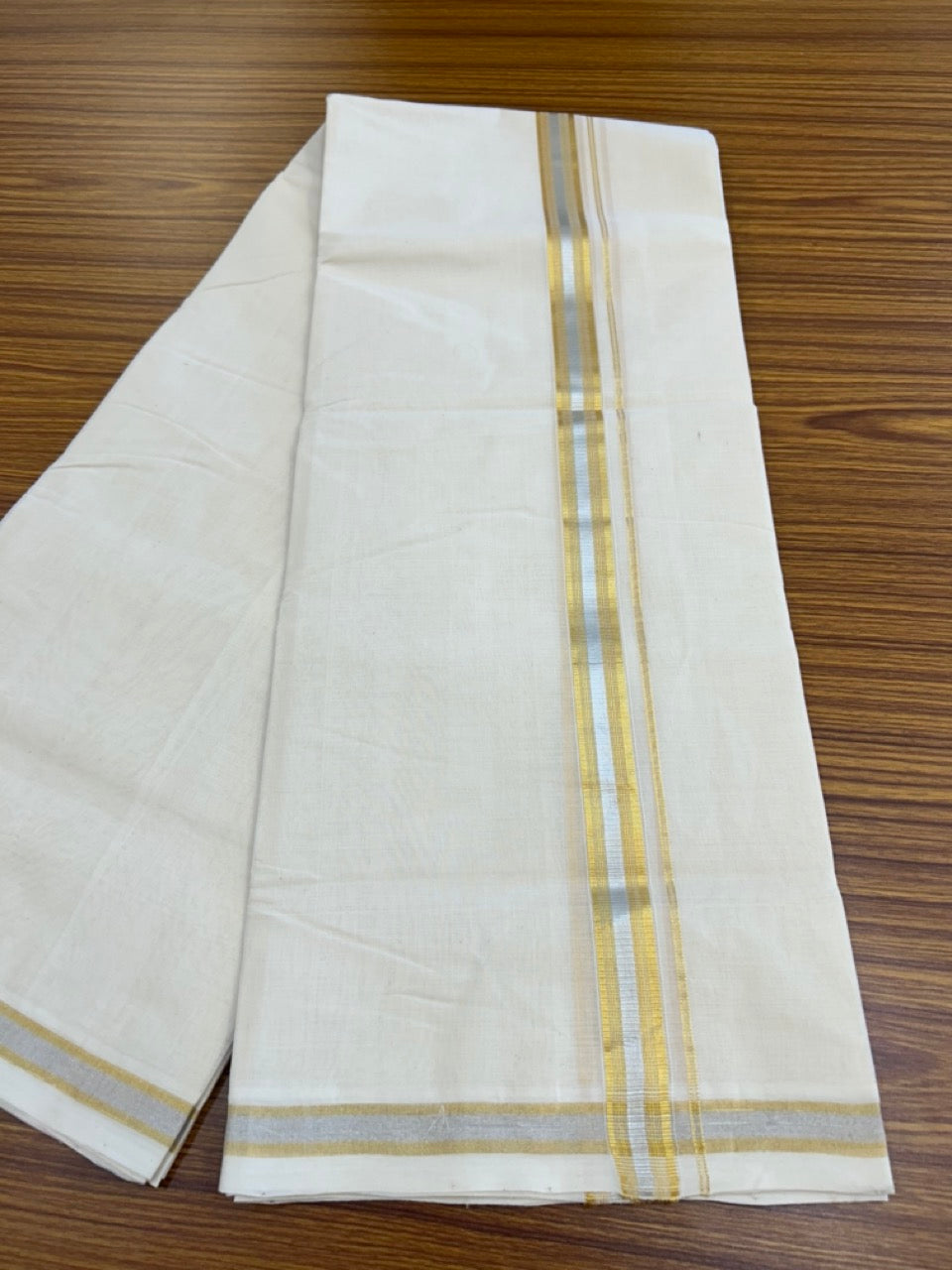 25% Discount ! KaithariKada HANDLOOM MILLPAAV Balaramapuram - 100% PURE Cotton Off White - (Unbleached) Double Mundu/Dhoti - 80X90 - 1 inch Gold Kasavu & Silver Kasavu Stripes Kara 4 mtr (8.5 muzham)- 30KK5234 RAM