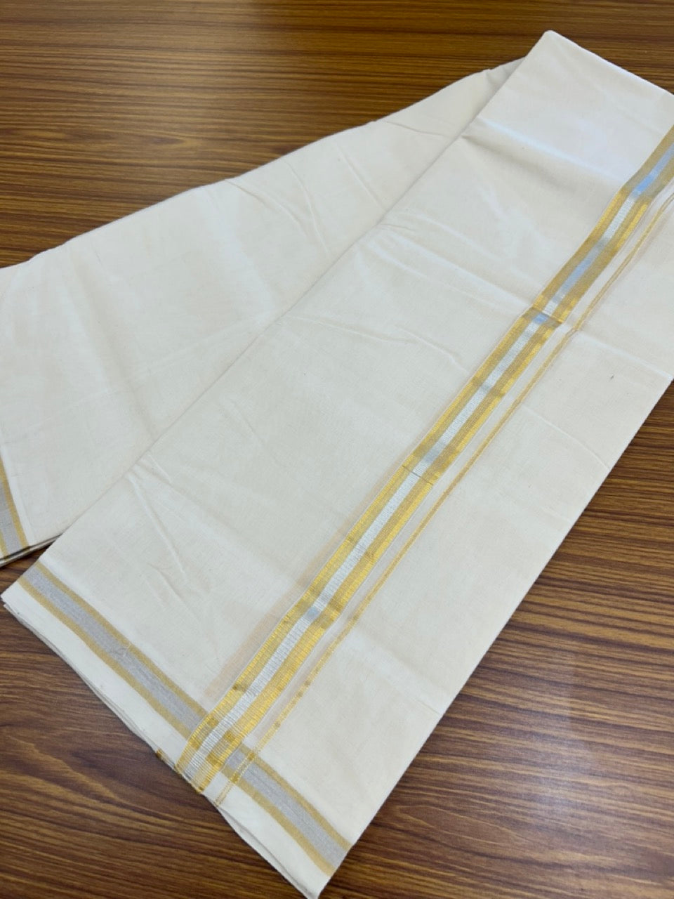 25% Discount ! KaithariKada HANDLOOM MILLPAAV Balaramapuram - 100% PURE Cotton Off White - (Unbleached) Double Mundu/Dhoti - 80X90 - 1 inch Gold Kasavu & Silver Kasavu Stripes Kara 4 mtr (8.5 muzham)- 30KK5234 RAM