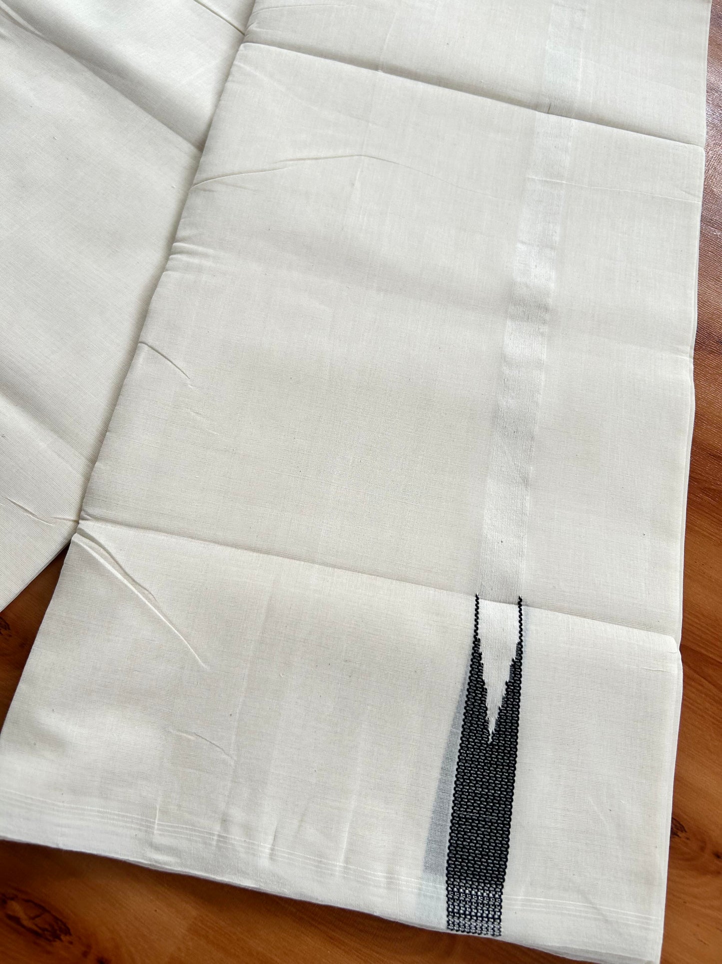 Double Off White (Unbleached) Mundu/Dhoti - 25% Discount!! KaithariKada Handloom Millpaav- Kerala Handloom - 100% Pure Cotton - 80x90 - 0.5 inch Black Striped Chutty Kara 4 meter (8.5 muzham) - 19 KK5449 YAR