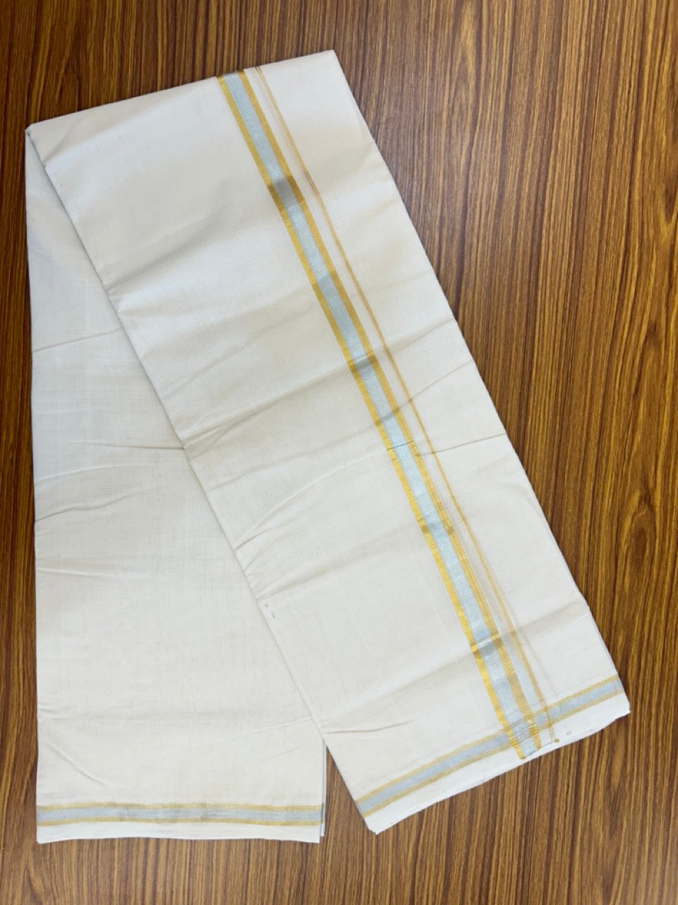 25% Discount ! KaithariKada HANDLOOM MILLPAAV Balaramapuram - 100% PURE Cotton Off White - (Unbleached) Double Mundu/Dhoti - 80X90 - 1 inch Gold Kasavu & Silver Kasavu Stripes Kara 4 mtr (8.5 muzham) - 31KK5234 RAM