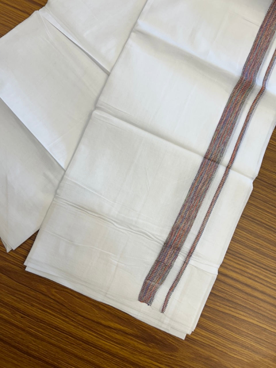20% Discount ! Kaitharikada Balaramapuram 100% Cotton Pure White Double Rainbow Mundu/Dothi - 100x80 - 0.75 inch Multi colour Kara 3.80 mtr (8 muzham) - 26 KK5299 THI