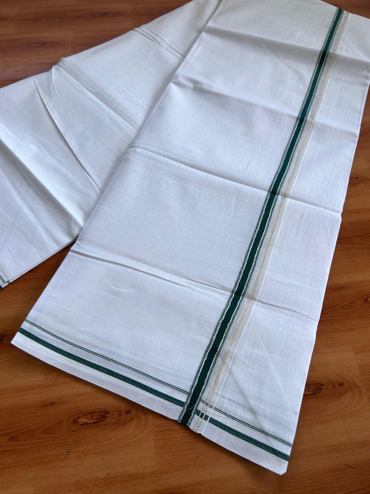 Pure White Double Mundu/Dhoti - 20% Discount ! Kaitharikada 100% Cotton - 100x80 - 0.5 inch Silver Kasav & Dark Green Stripes Kara 3.80 mtr (8 muzham) - 7 KK5513 MC