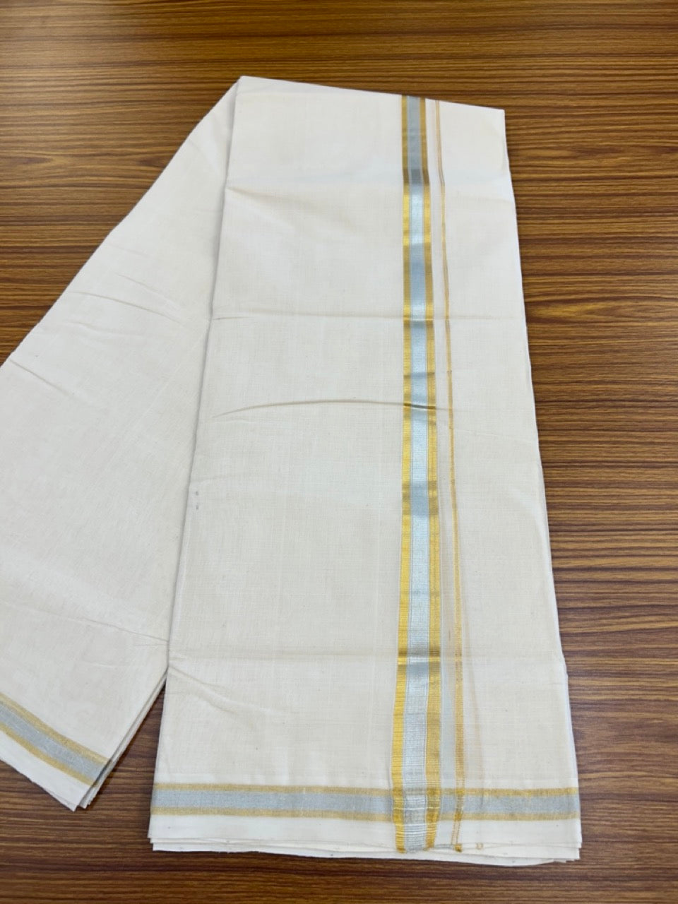 25% Discount ! KaithariKada HANDLOOM MILLPAAV Balaramapuram - 100% PURE Cotton Off White - (Unbleached) Double Mundu/Dhoti - 80X90 - 1 inch Gold Kasavu & Silver Kasavu Stripes Kara 4 mtr (8.5 muzham) - 31KK5234 RAM