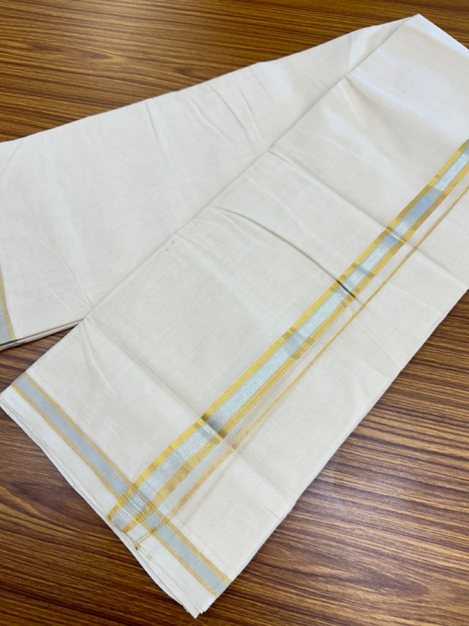 25% Discount ! KaithariKada HANDLOOM MILLPAAV Balaramapuram - 100% PURE Cotton Off White - (Unbleached) Double Mundu/Dhoti - 80X90 - 1 inch Gold Kasavu & Silver Kasavu Stripes Kara 4 mtr (8.5 muzham) - 31KK5234 RAM