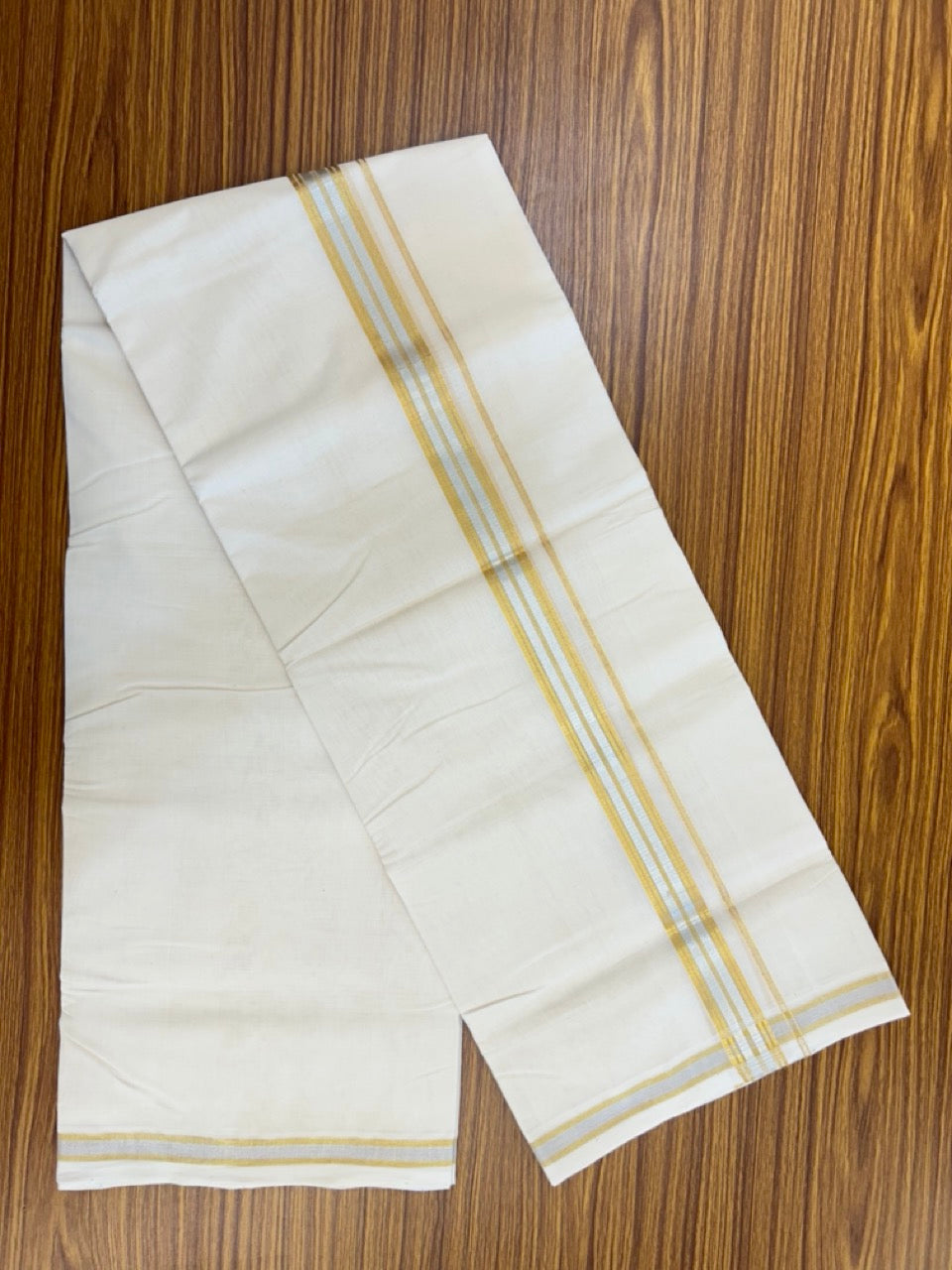 25% DISCOUNT ! KaithariKada HANDLOOM MILLPAAV Balaramapuram - 100% PURE Cotton Off White - (Unbleached) Double Mundu/Dhoti - 80X90 - 1 inch Gold Kasavu & Silver Kasavu Stripes Kara 4 mtr (8.5 muzham) - 32KK5234 RAM