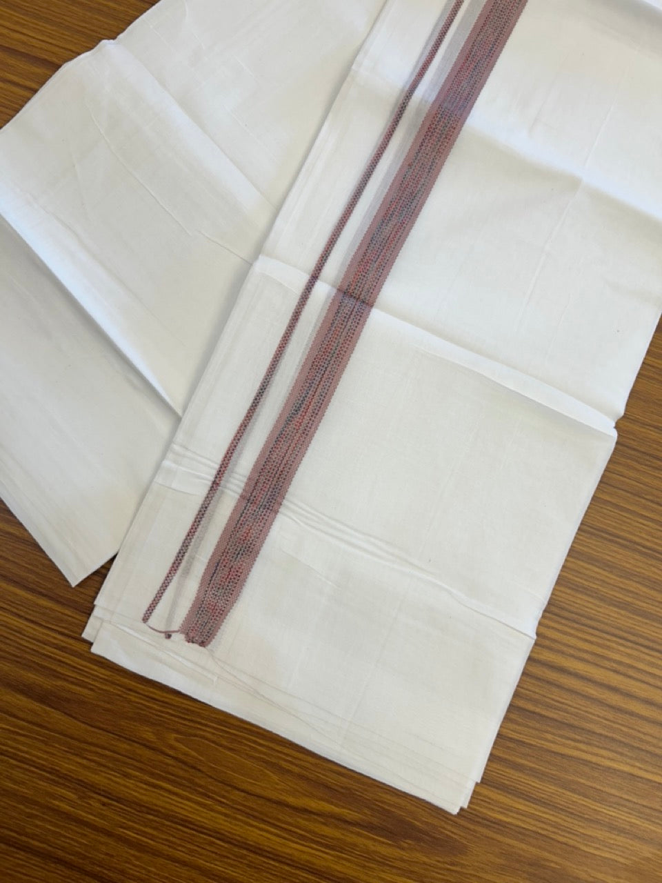 20% Discount ! Kaitharikada Balaramapuram 100% Cotton Pure White Rainbow Double Mundu/Dothi - 100x80 - 0.75 inch Dusty Rose & Multi colour Kara 3.80 mtr (8 muzham) - 31 KK5299 THI