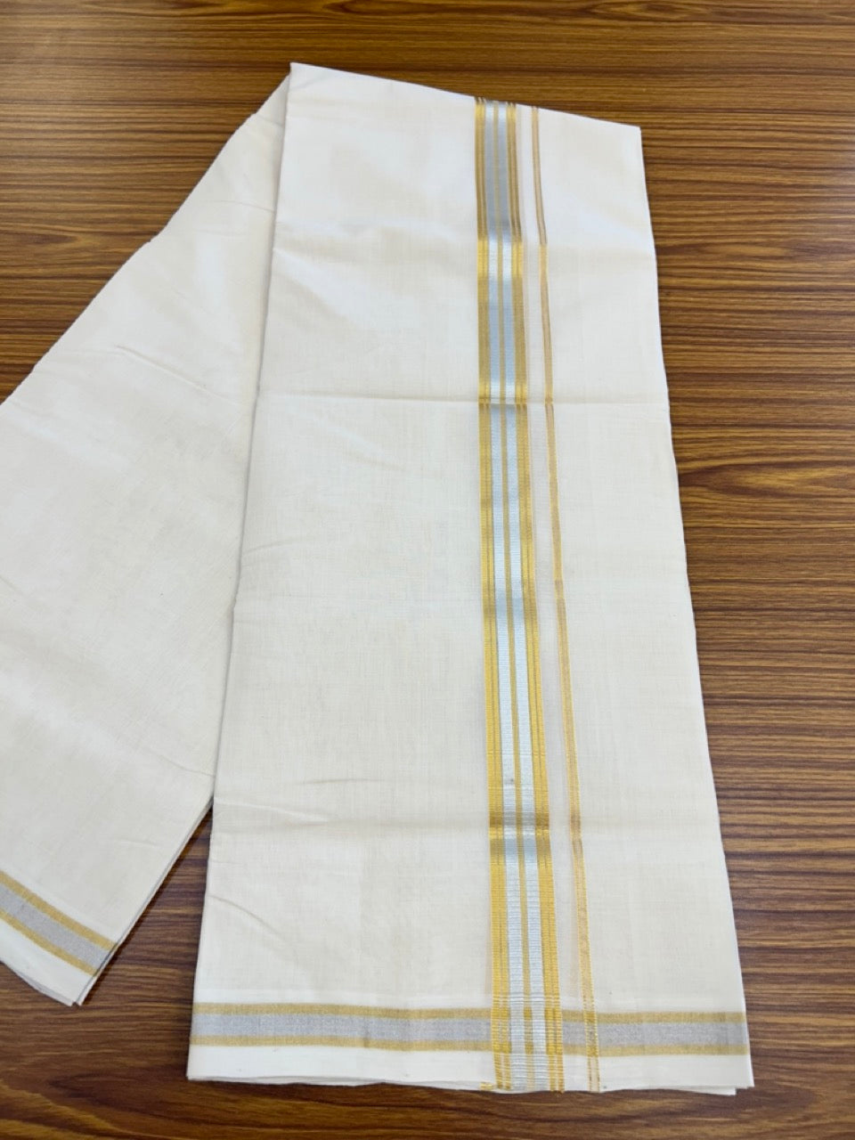 25% DISCOUNT ! KaithariKada HANDLOOM MILLPAAV Balaramapuram - 100% PURE Cotton Off White - (Unbleached) Double Mundu/Dhoti - 80X90 - 1 inch Gold Kasavu & Silver Kasavu Stripes Kara 4 mtr (8.5 muzham) - 32KK5234 RAM