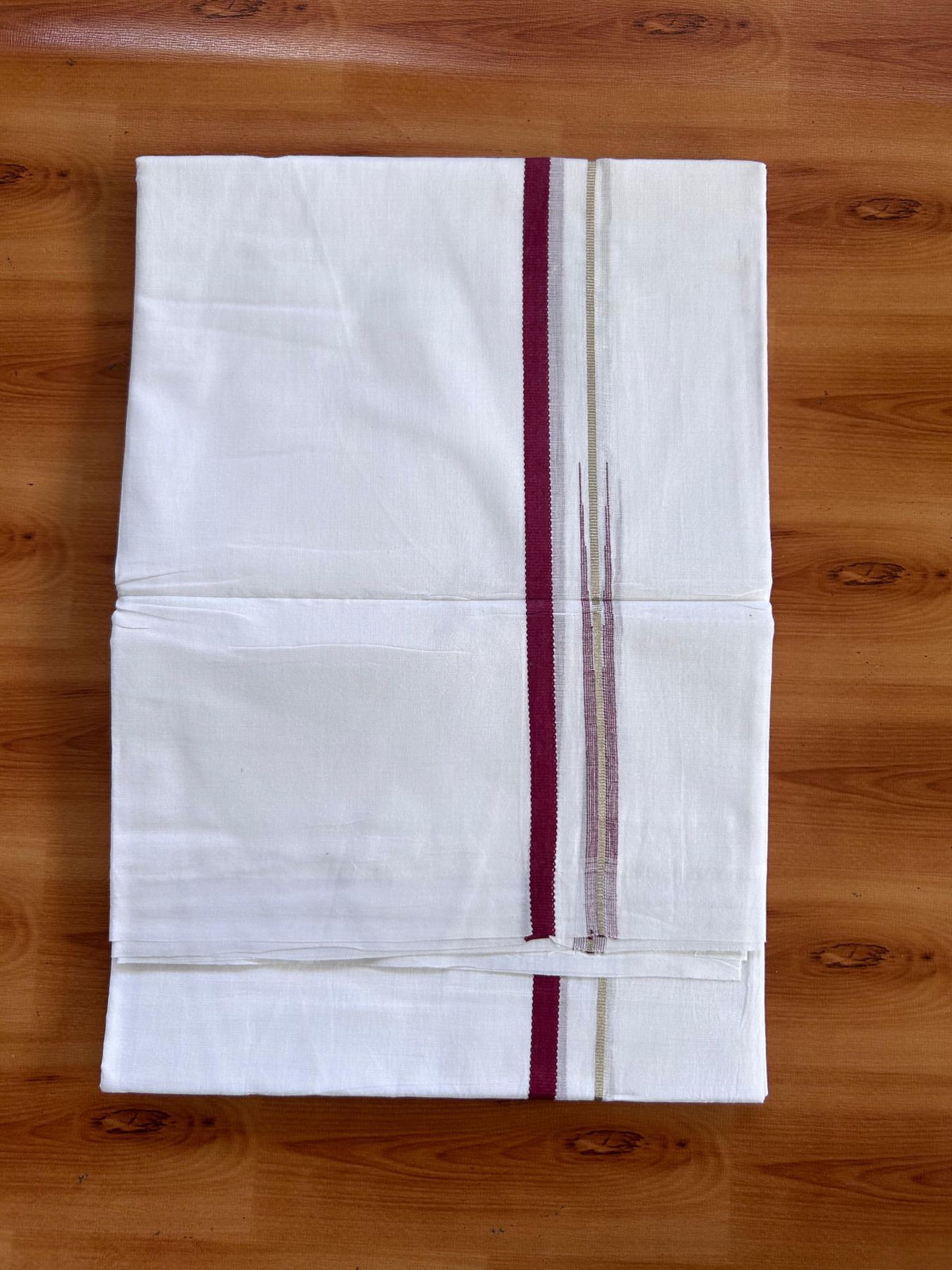 Pure White Double Mundu/Dhoti - 20% Discount ! Kaitharikada 100% Cotton - 100x80 - 0.5 inch Puliyilakkara Silver Kasav & Reddish Maroon Chutty 3.80 mtr (8 muzham) - 9 KK5513 MC