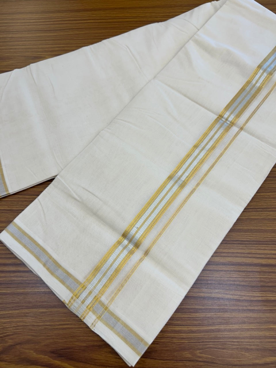25% DISCOUNT ! KaithariKada HANDLOOM MILLPAAV Balaramapuram - 100% PURE Cotton Off White - (Unbleached) Double Mundu/Dhoti - 80X90 - 1 inch Gold Kasavu & Silver Kasavu Stripes Kara 4 mtr (8.5 muzham) - 32KK5234 RAM