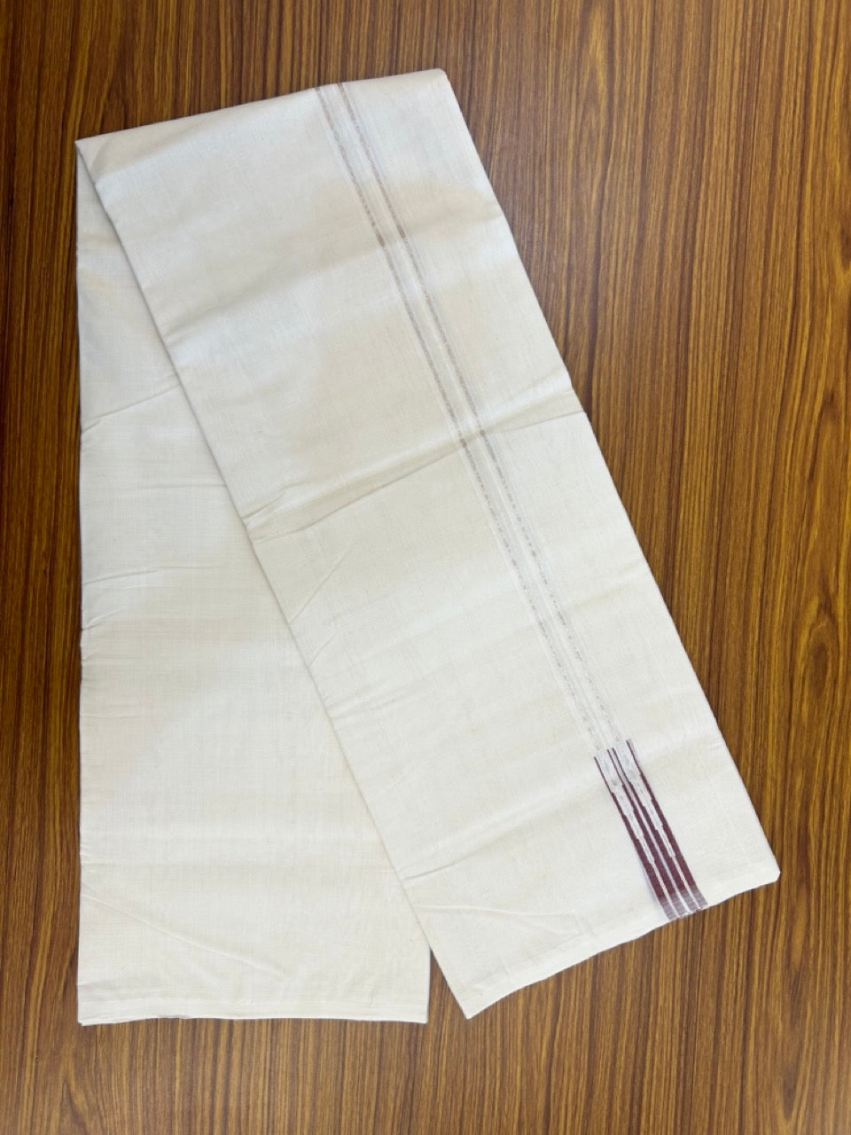 25% DISCOUNT!! KaithariKada HANDLOOM Millpaav Balaramapuram - 100% PURE Cotton OFF WHITE (Unbleached) Double Mundu/Dhoti -1.5 inch Silver kasav Puliyilakkara Maroon Double Chutty - 33KK5234 RAM