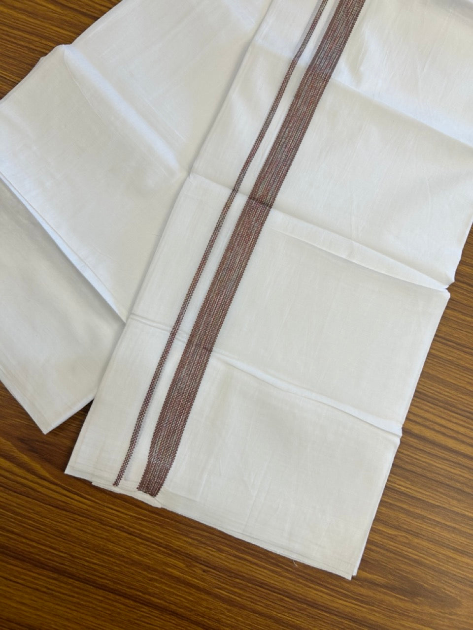 20% Discount ! Kaitharikada Balaramapuram 100% Cotton Pure White Double Rainbow Mundu/Dothi - 100x80 - 0.75 inch Brown & Multi colour Kara 3.80 mtr (8 muzham) - 24 KK5299 THI