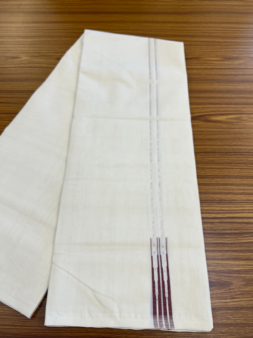 25% DISCOUNT!! KaithariKada HANDLOOM Millpaav Balaramapuram - 100% PURE Cotton OFF WHITE (Unbleached) Double Mundu/Dhoti -1.5 inch Silver kasav Puliyilakkara Maroon Double Chutty - 33KK5234 RAM