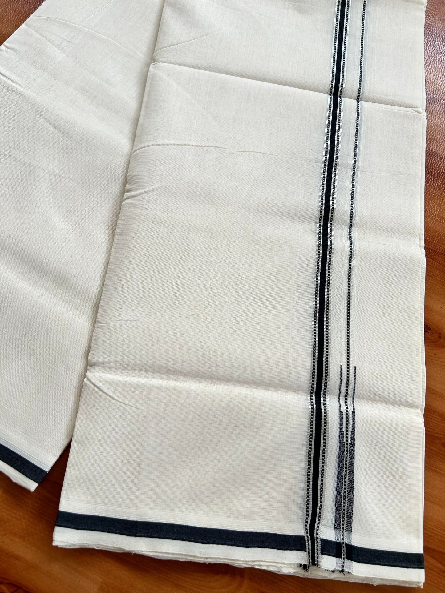 Double Off White - (Unbleached) Mundu/Dothi- 25% Discount!! KaithariKada Handloom Unakkupaav - Kerala Handloom - Pure Cotton - 80X90 - 0.5 inch Puliyilakkara Silver Kasav & Black Chutty Kara 4 mtr (8.5 muzham) - 4 KK5444 YAR