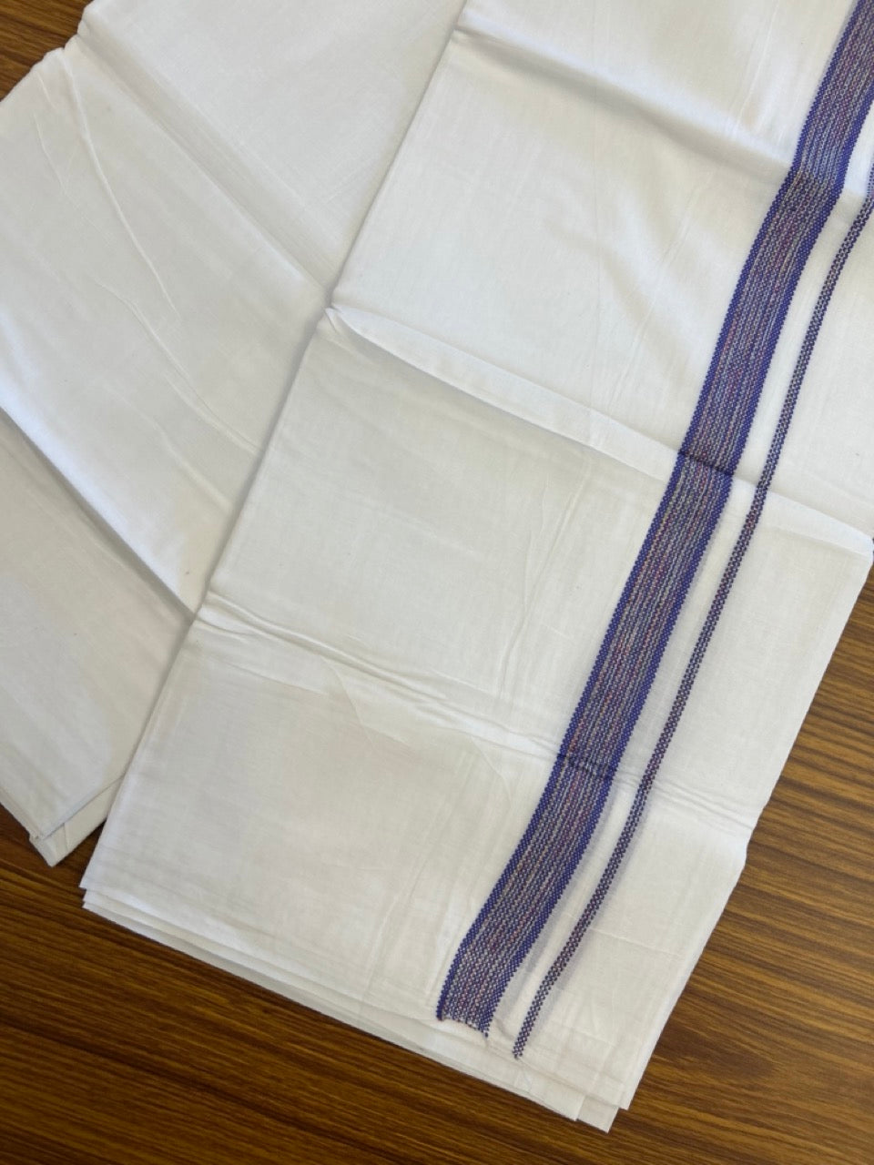20% Discount ! Kaitharikada Balaramapuram 100% Cotton Pure White Rainbow Double Mundu/Dothi - 100x80 - 0.75 inch Indigo Blue & Multi colour Kara 3.80 mtr (8 muzham) - 29 KK5299 THI
