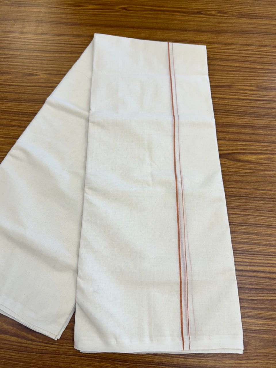 25% DISCOUNT! KaithariKada HANDLOOM Millpaav Balaramapuram - 100% PURE Cotton OFF WHITE (Unbleached) Double Mundu/Dhoti - 80X90 - 0.5 cm Cinnamon Brown Kara 4 mtr (8.5 muzham) - 35KK5234 RAM