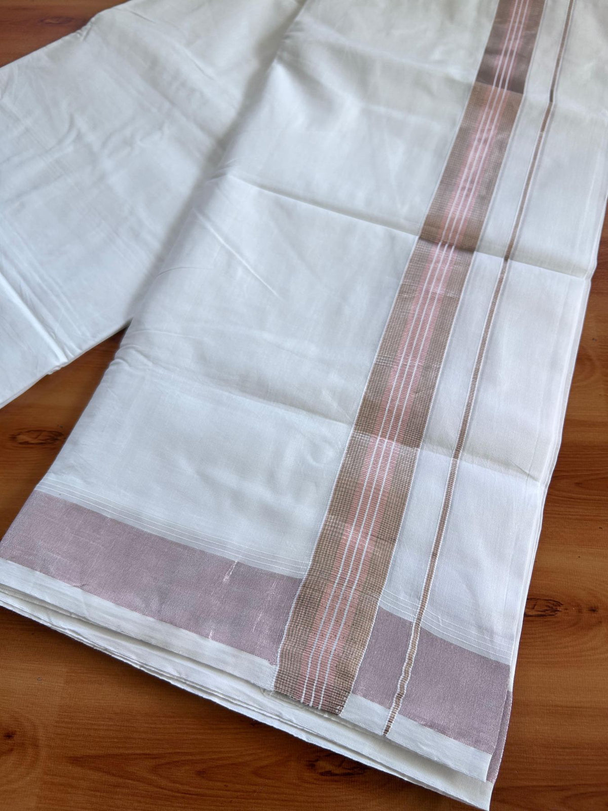 Pure White Double Mundu/Dothi - 20% Discount ! Kaitharikada Balaramapuram 100% Cotton - 100x80 - 1.5 inch Rose Pink Kasav & Silver Kasav Stripes Kara 3.90 m (8 muzham) - 12 KK5513 MC