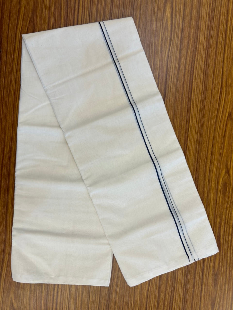 25% DISCOUNT! KaithariKada HANDLOOM Millpaav Balaramapuram - 100% PURE Cotton OFF WHITE (Unbleached) Double Mundu/Dhoti - 80X90 - 0.5 cm Navy Blue Kara 4 mtr (8.5 muzham) - 36KK5234 RAM