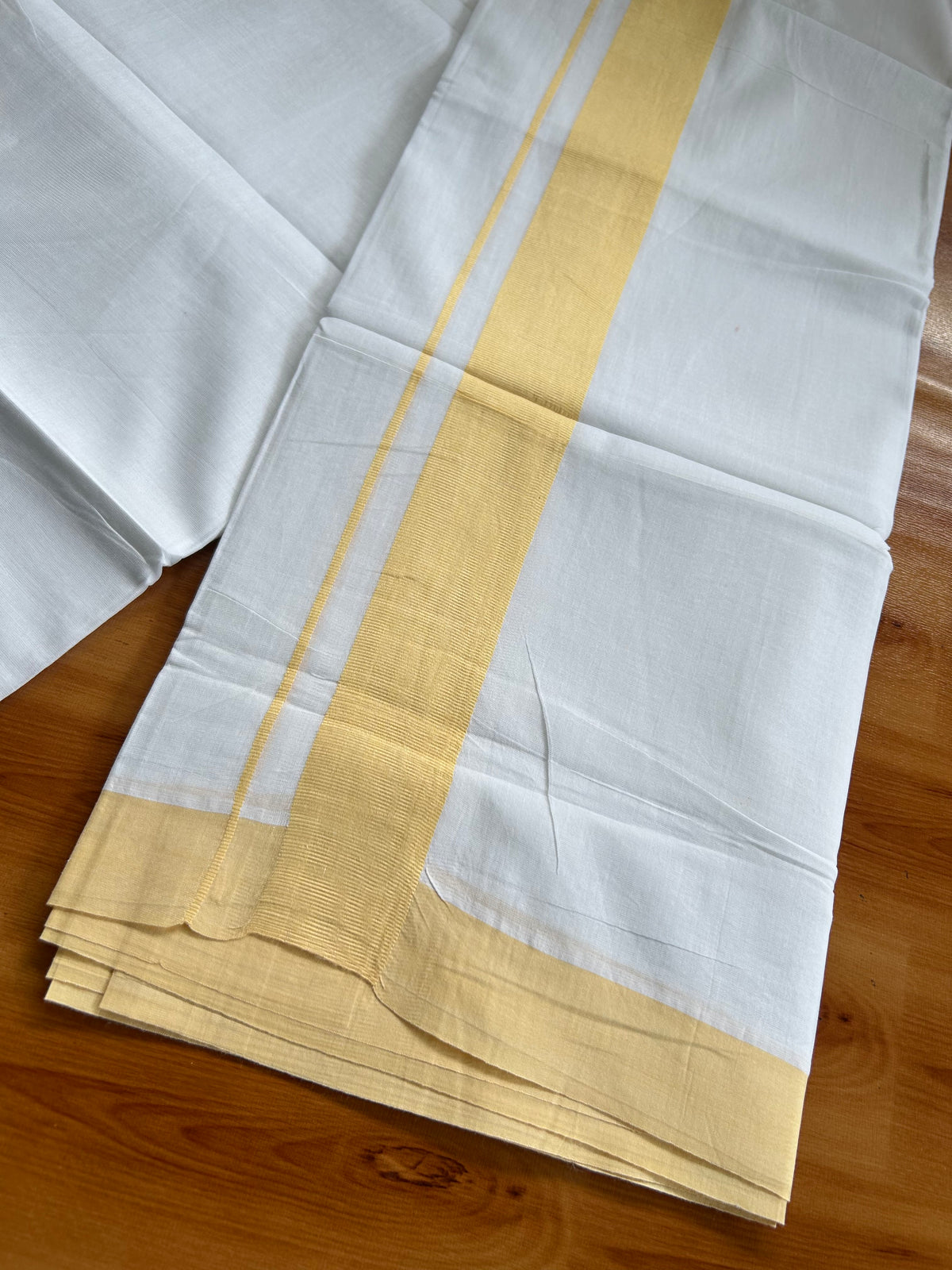 Pure White Double Mundu/Dhoti - 20% Discount ! Kaitharikada 100% Cotton - 100x80 - 1.75 inch Light Yellow Kara 3.80 mtr (8 muzham) - 2 KK5558 THI
