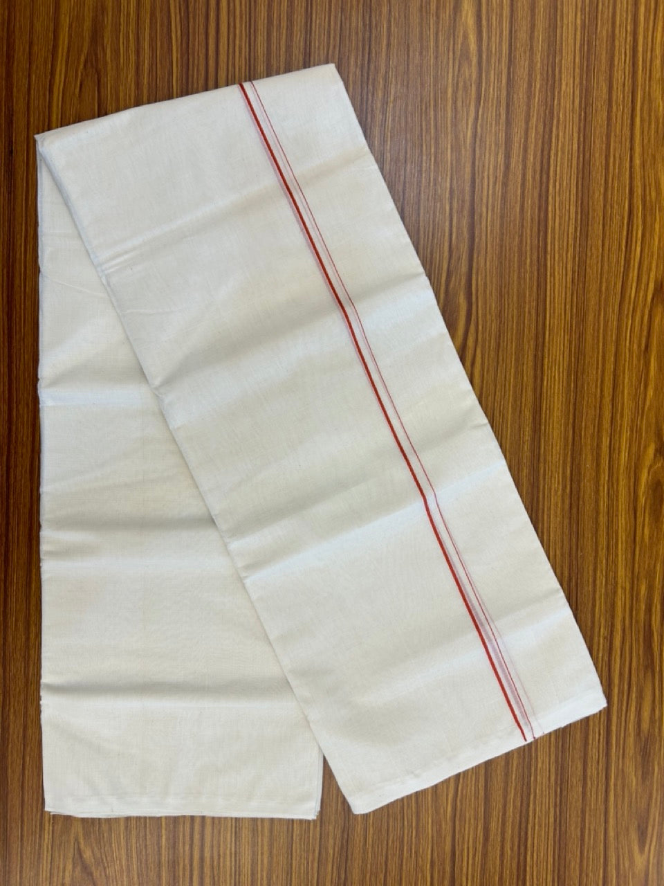 25% DISCOUNT! KaithariKada HANDLOOM Millpaav Balaramapuram - 100% PURE Cotton OFF WHITE (Unbleached) Double Mundu/Dhoti - 80X90 - 0.5 cm Orange Brown Kara 4 mtr (8.5 muzham) - 37KK5234 RAM