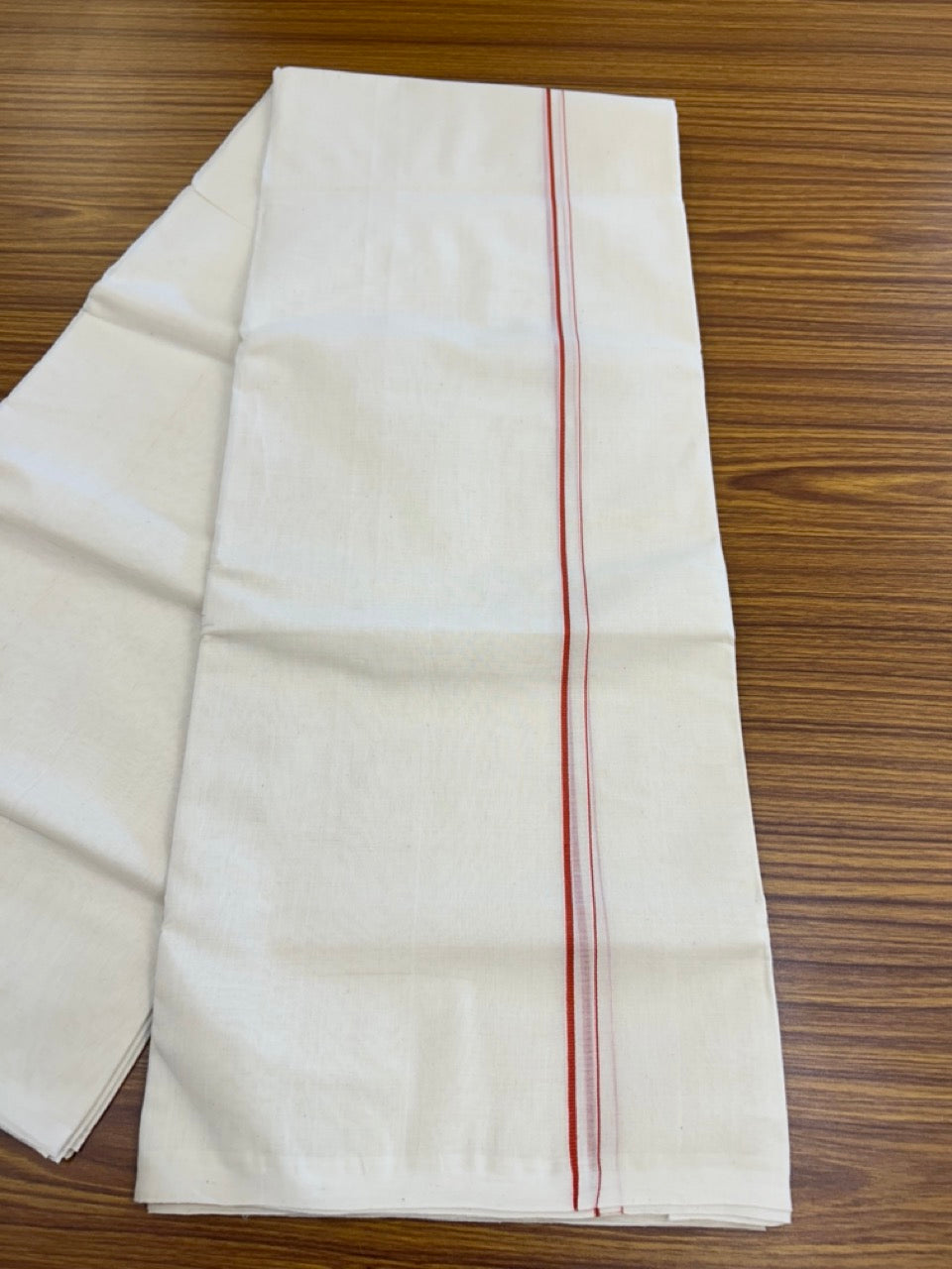 25% DISCOUNT! KaithariKada HANDLOOM Millpaav Balaramapuram - 100% PURE Cotton OFF WHITE (Unbleached) Double Mundu/Dhoti - 80X90 - 0.5 cm Orange Brown Kara 4 mtr (8.5 muzham) - 37KK5234 RAM