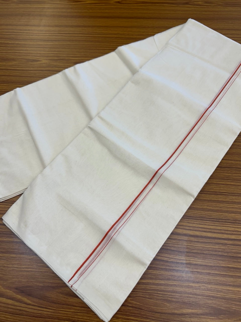 25% DISCOUNT! KaithariKada HANDLOOM Millpaav Balaramapuram - 100% PURE Cotton OFF WHITE (Unbleached) Double Mundu/Dhoti - 80X90 - 0.5 cm Orange Brown Kara 4 mtr (8.5 muzham) - 37KK5234 RAM
