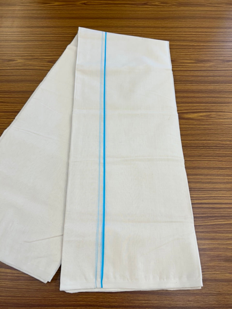 25% DISCOUNT! KaithariKada HANDLOOM Millpaav Balaramapuram - 100% PURE Cotton OFF WHITE (Unbleached) Double Mundu/Dhoti - 80X90 - 0.5 cm Electric Blue Kara 4 mtr (8.5 muzham) - 38KK5234 RAM