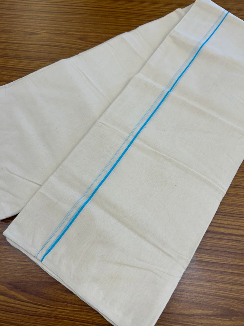 25% DISCOUNT! KaithariKada HANDLOOM Millpaav Balaramapuram - 100% PURE Cotton OFF WHITE (Unbleached) Double Mundu/Dhoti - 80X90 - 0.5 cm Electric Blue Kara 4 mtr (8.5 muzham) - 38KK5234 RAM