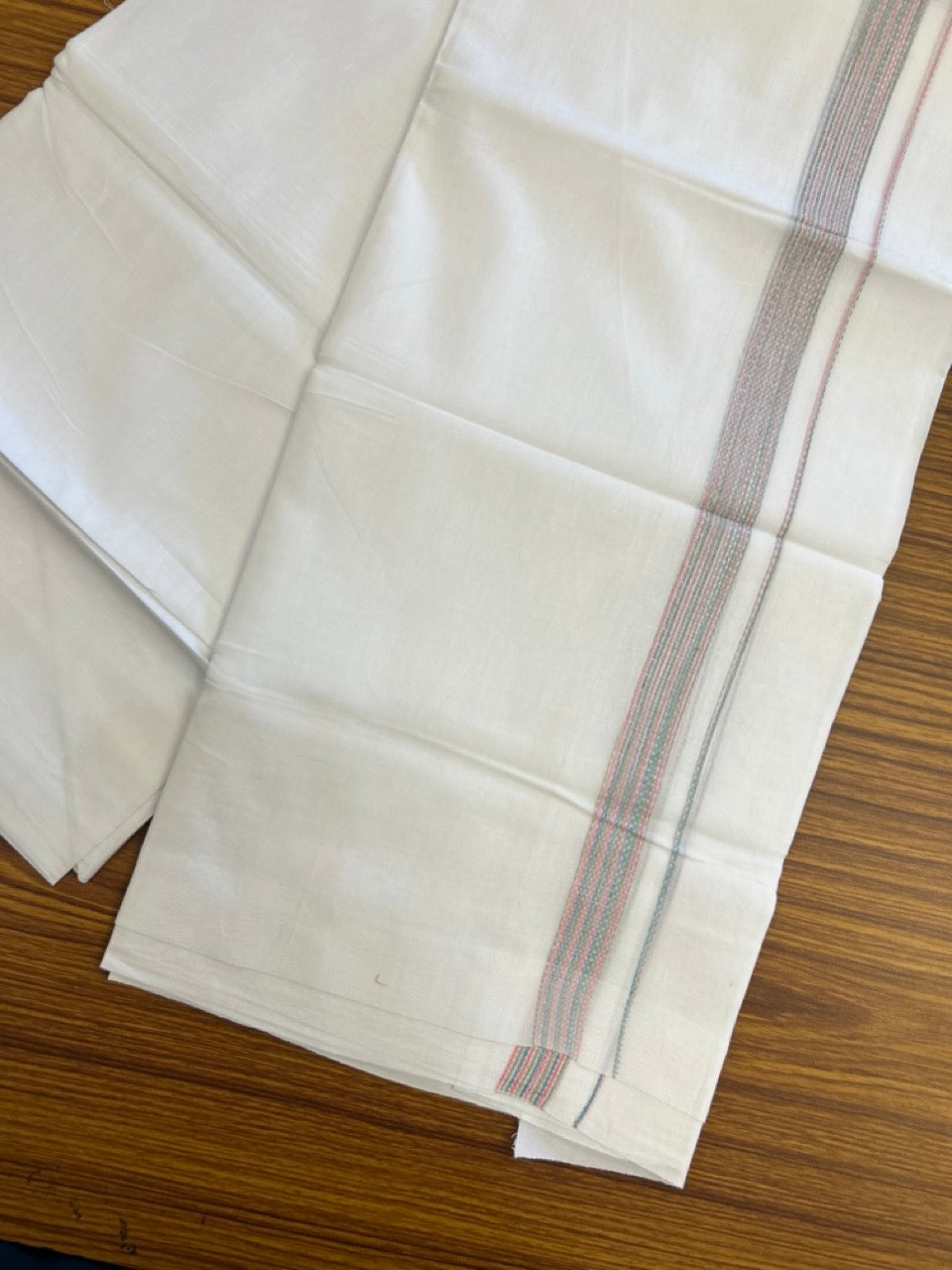 20% Discount ! Kaitharikada Balaramapuram 100% Cotton Pure White Rainbow Double Mundu/Dothi - 100x80 - 0.75 inch Multi colour Kara 3.80 mtr (8 muzham) - 34 KK5299 THI