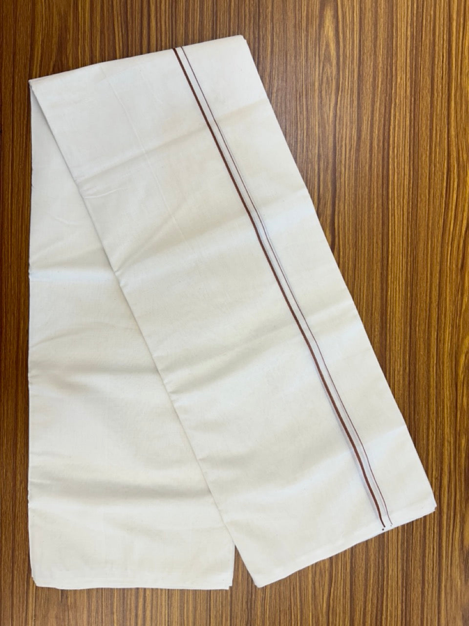 25% DISCOUNT! KaithariKada HANDLOOM Millpaav Balaramapuram - 100% PURE Cotton OFF WHITE (Unbleached) Double Mundu/Dhoti - 80X90 - 0.5 cm Chocolate Brown Kara 4 mtr (8.5 muzham) - 39KK5234 RAM