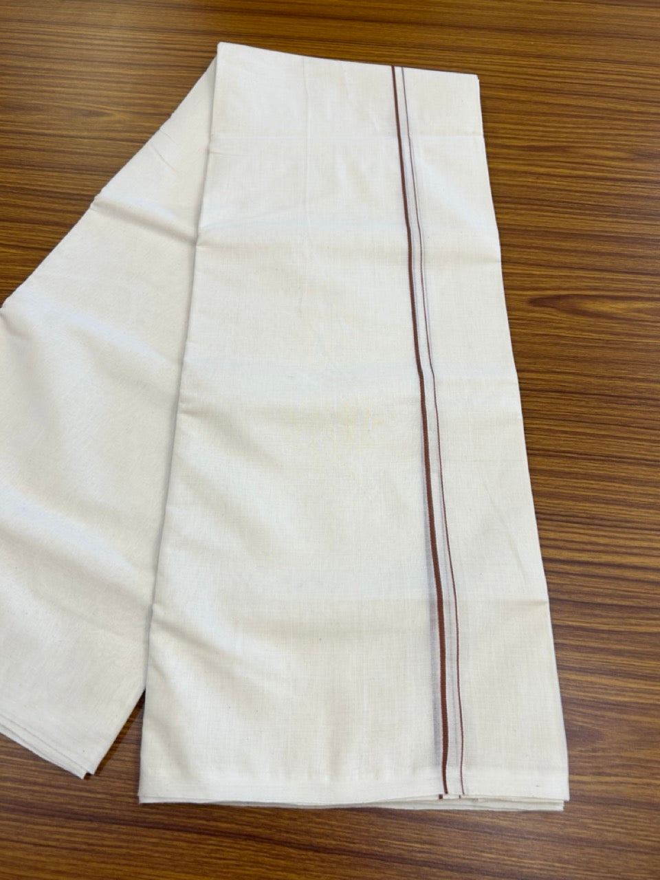 25% DISCOUNT! KaithariKada HANDLOOM Millpaav Balaramapuram - 100% PURE Cotton OFF WHITE (Unbleached) Double Mundu/Dhoti - 80X90 - 0.5 cm Chocolate Brown Kara 4 mtr (8.5 muzham) - 39KK5234 RAM