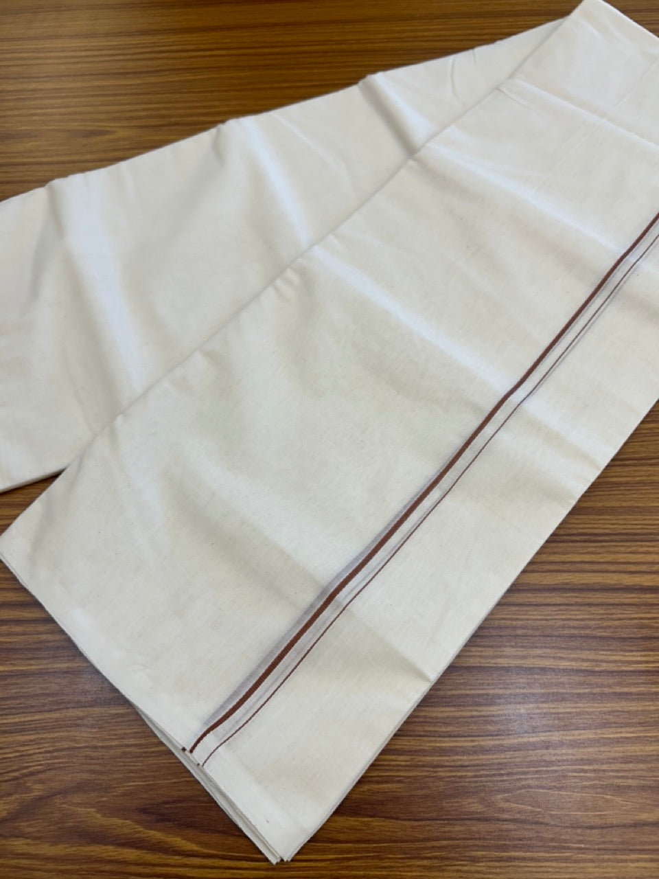 25% DISCOUNT! KaithariKada HANDLOOM Millpaav Balaramapuram - 100% PURE Cotton OFF WHITE (Unbleached) Double Mundu/Dhoti - 80X90 - 0.5 cm Chocolate Brown Kara 4 mtr (8.5 muzham) - 39KK5234 RAM