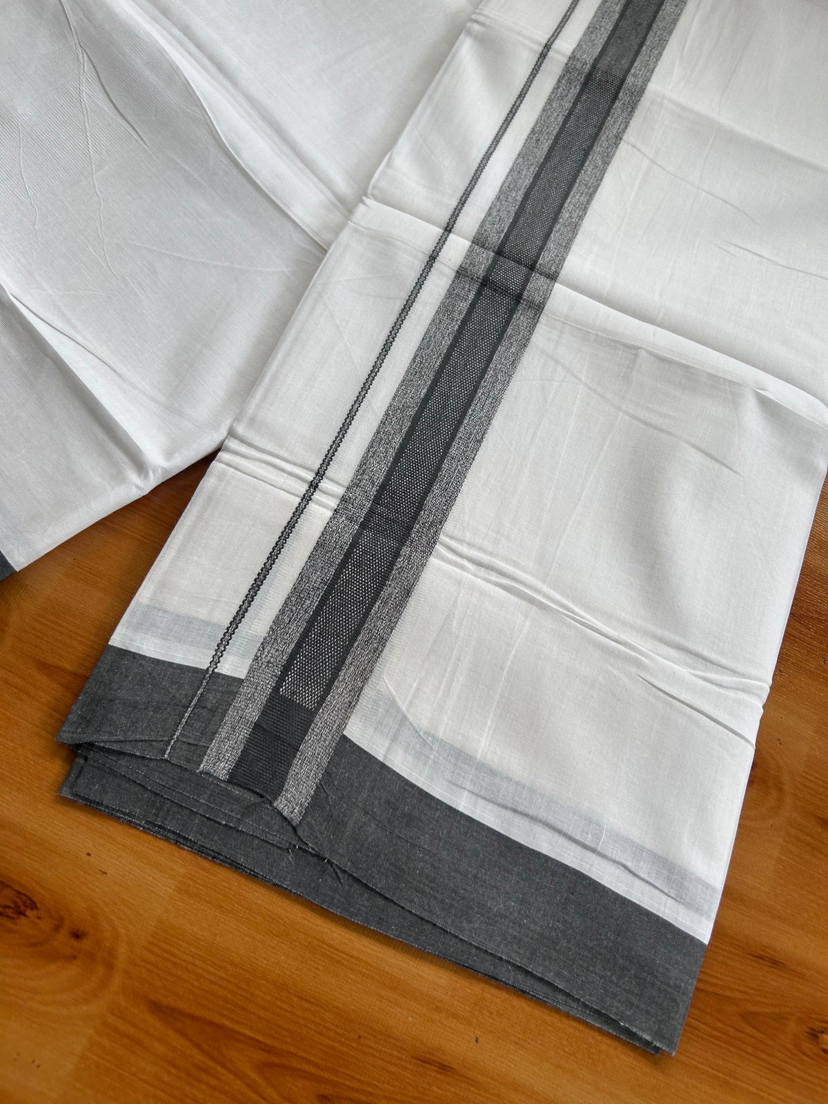 Pure White Double Mundu/Dhoti - 20% Discount ! Kaitharikada 100% Cotton - 100x80 - 1.5 inch Iron Grey Shaded Striped Kara 3.80 mtr (8 muzham) - 5 KK5558 THI