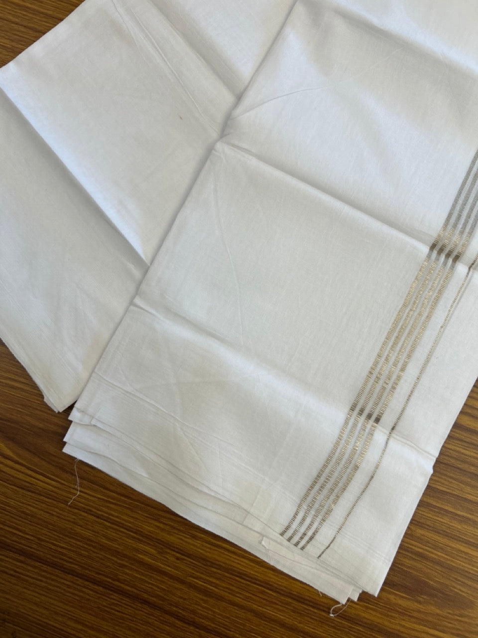 20% Discount ! Kaitharikada Balaramapuram 100% Cotton PURE WHITE Double Mundu/Dothi - 100x80 - 0.75 inch Silver Kasav Stripes Kara 3.80 mtr (8 muzham) - 41 KK5299 THI