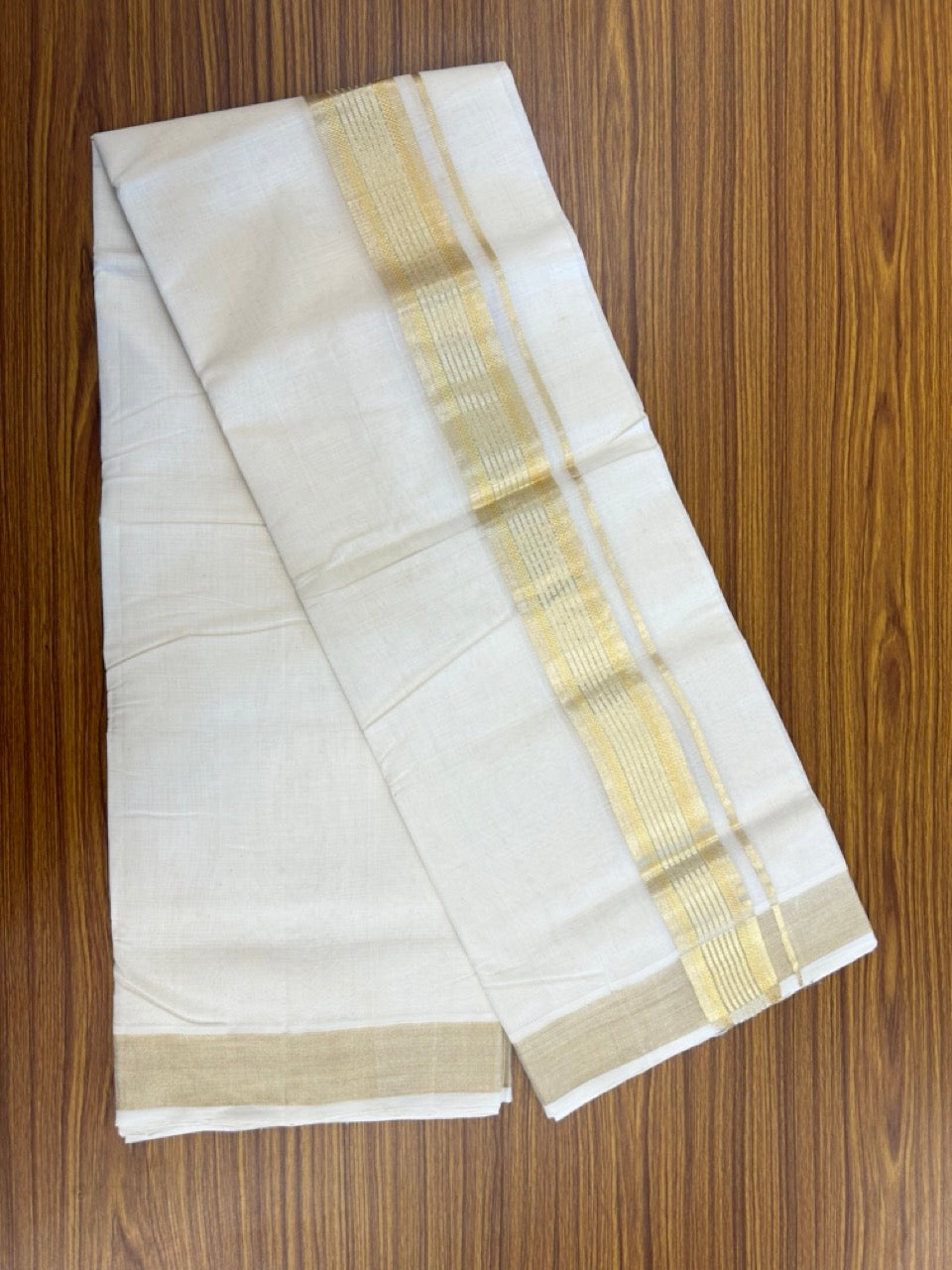 25% DISCOUNT!! KaithariKada HANDLOOM UNAKKUPAAV Balaramapuram - 100% PURE Cotton OFF White Double - (Unbleached) Mundu/Dothi - 80x90 - 2.25 inch Light Kasav stripes Kara - 46 KK5234 RAM