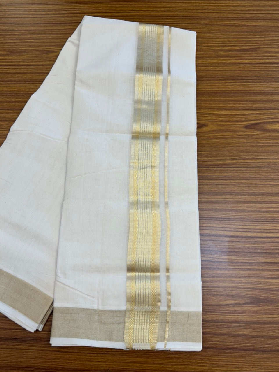 25% DISCOUNT!! KaithariKada HANDLOOM UNAKKUPAAV Balaramapuram - 100% PURE Cotton OFF White Double - (Unbleached) Mundu/Dothi - 80x90 - 2.25 inch Light Kasav stripes Kara - 46 KK5234 RAM