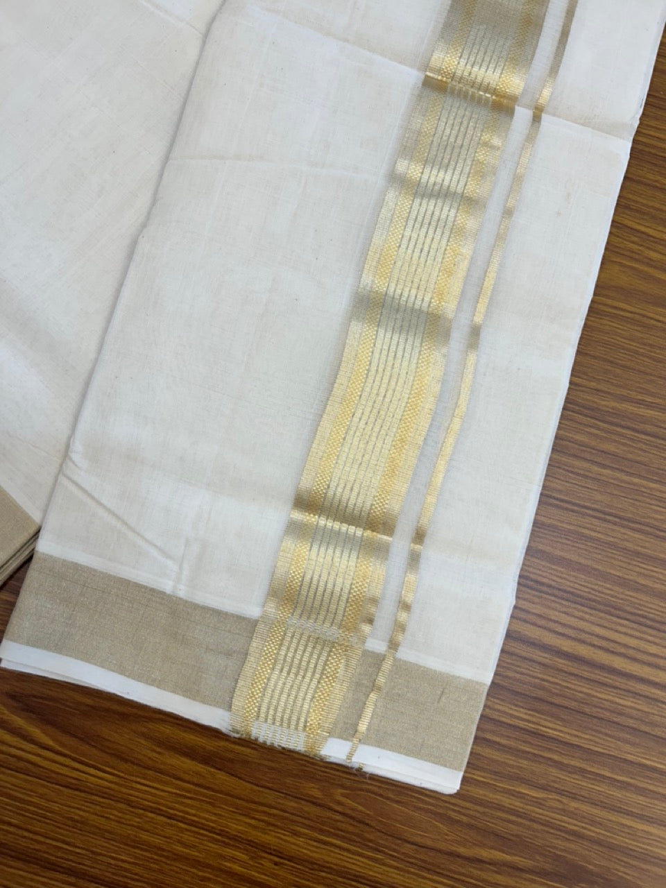 25% DISCOUNT!! KaithariKada HANDLOOM UNAKKUPAAV Balaramapuram - 100% PURE Cotton OFF White Double - (Unbleached) Mundu/Dothi - 80x90 - 2.25 inch Light Kasav stripes Kara - 46 KK5234 RAM