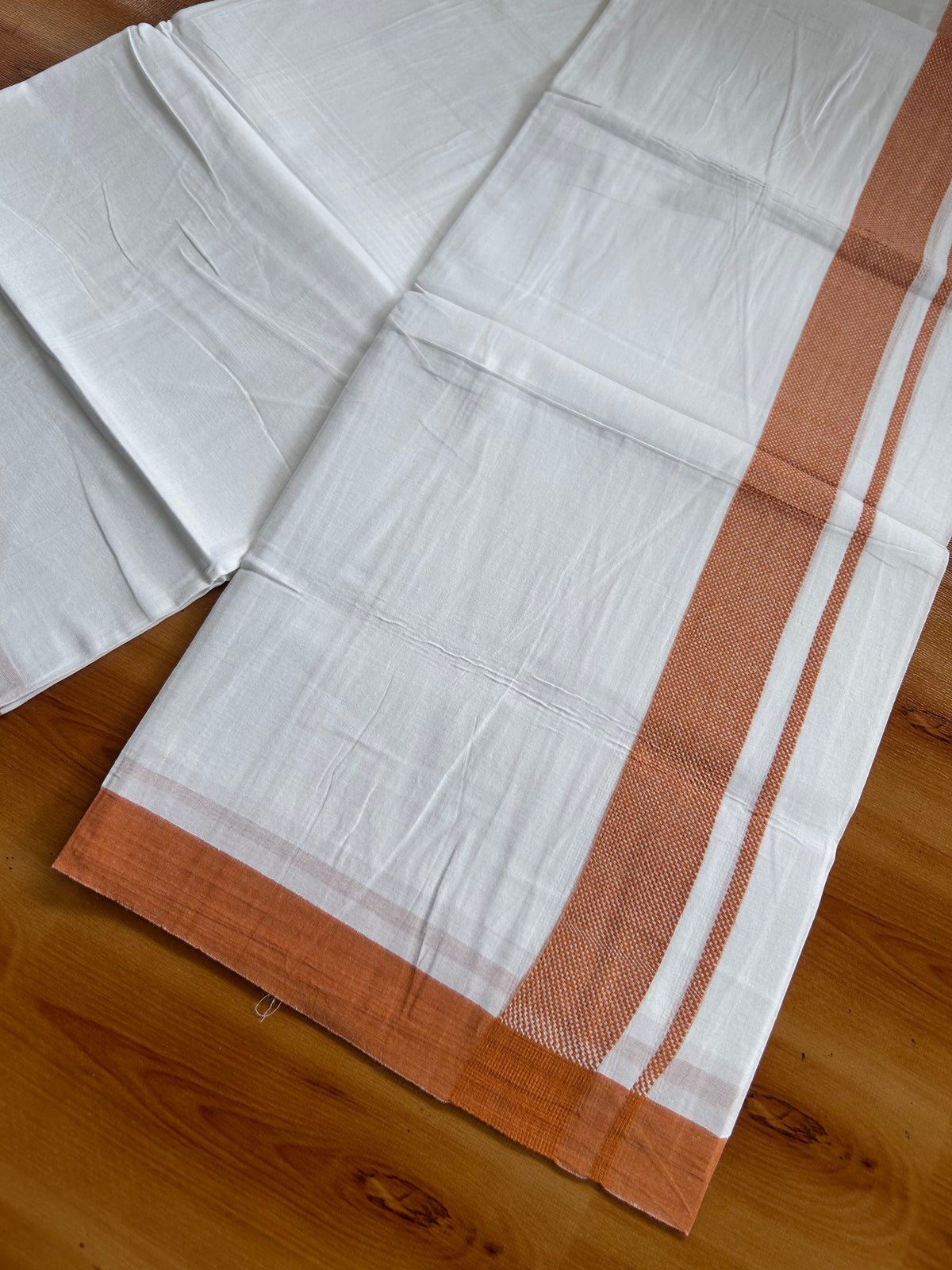 Pure White Double Mundu/Dhoti - 20% Discount ! Kaitharikada 100% Cotton - 100x80 - 1.75 inch Burnt Orange Design Kara 3.80 mtr (8 muzham) - 7 KK5558 THI