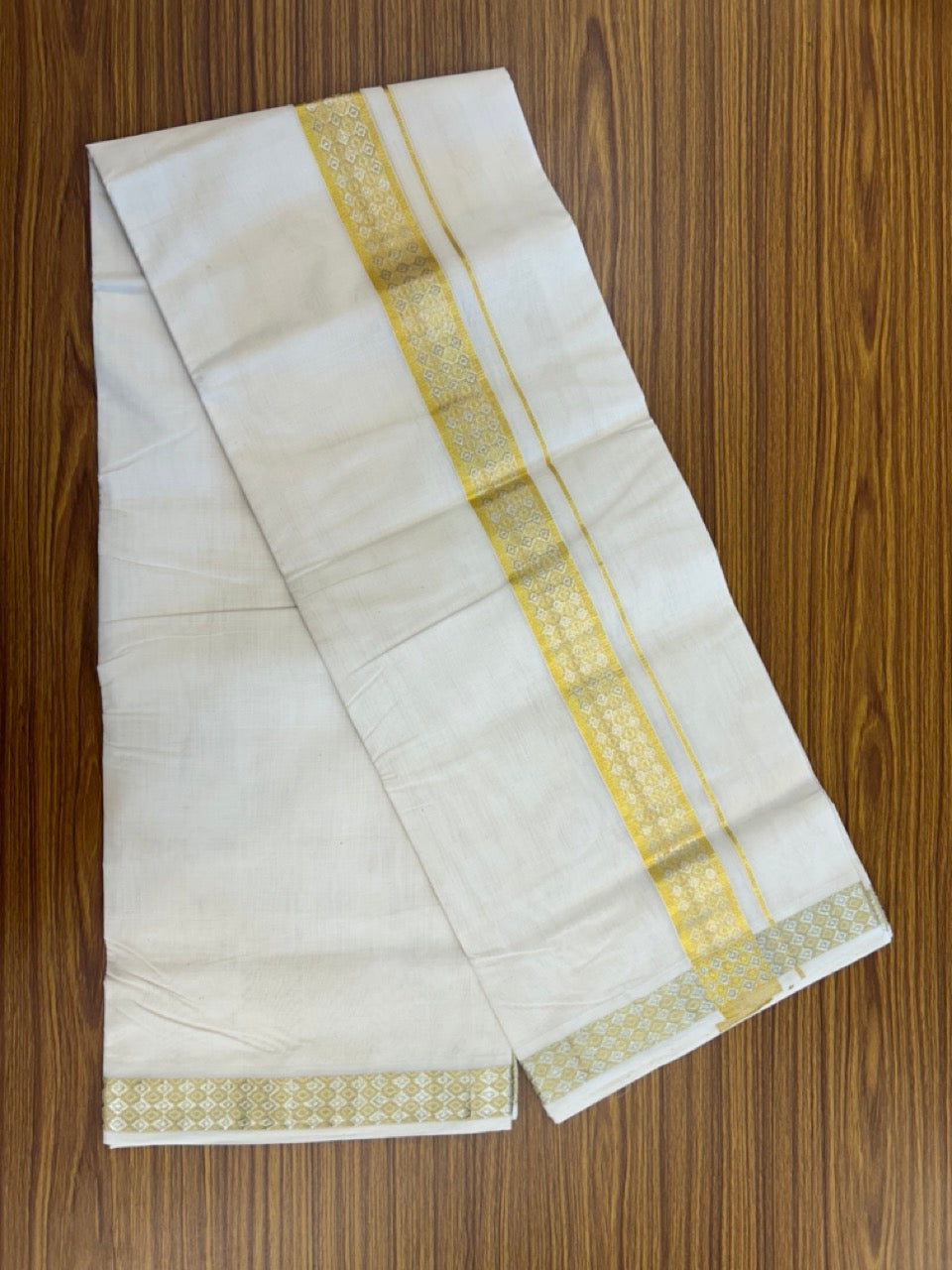 25% DISCOUNT ! KaithariKada HANDLOOM Unakkupaav Balaramapuram - 100% PURE Cotton Off White (Unbleached) Double Mundu/Dhoti - 80x90 - 1.75 inch Gold Kasavu & Silver Kasavu Jacquard Design Kara 4 mtr (8.5 Muzham) - 47 KK5234 RAM