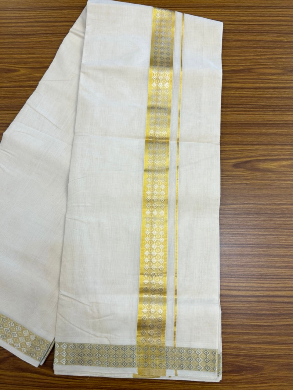 25% DISCOUNT ! KaithariKada HANDLOOM Unakkupaav Balaramapuram - 100% PURE Cotton Off White (Unbleached) Double Mundu/Dhoti - 80x90 - 1.75 inch Gold Kasavu & Silver Kasavu Jacquard Design Kara 4 mtr (8.5 Muzham) - 47 KK5234 RAM