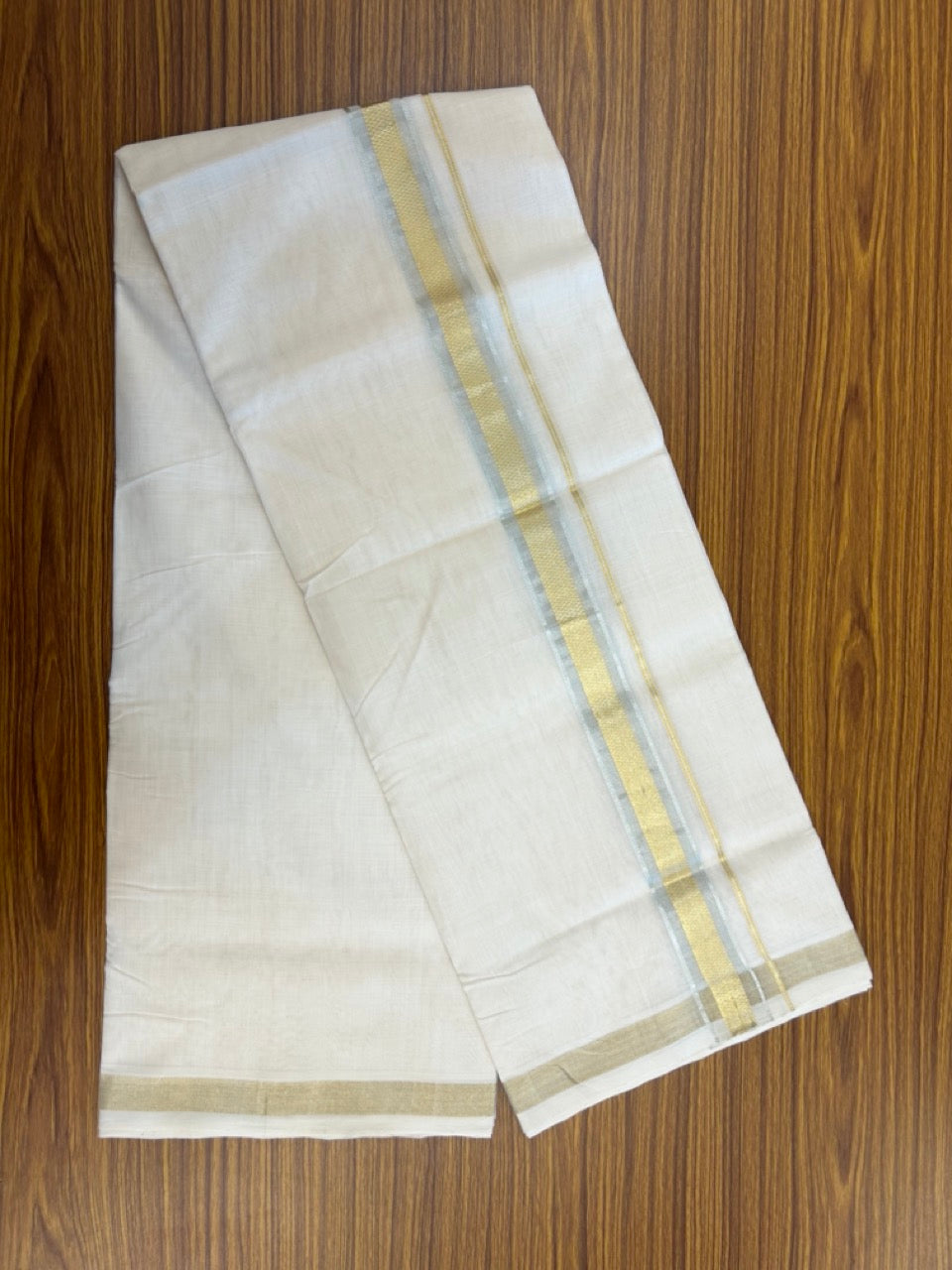 25% DISCOUNT ! KaithariKada HANDLOOM UNAKKUPAAV Balaramapuram - 100% PURE Cotton Off White - (Unbleached) Double Mundu/Dhoti - 80X90 - 1.5 inch Gold Kasavu & Silver Kasavu Jacquard Kara 4 mtr (8.5 muzham) - 48 KK5234 RAM