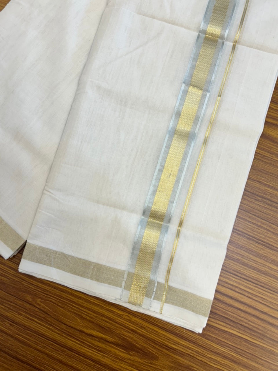 25% DISCOUNT ! KaithariKada HANDLOOM UNAKKUPAAV Balaramapuram - 100% PURE Cotton Off White - (Unbleached) Double Mundu/Dhoti - 80X90 - 1.5 inch Gold Kasavu & Silver Kasavu Jacquard Kara 4 mtr (8.5 muzham) - 48 KK5234 RAM