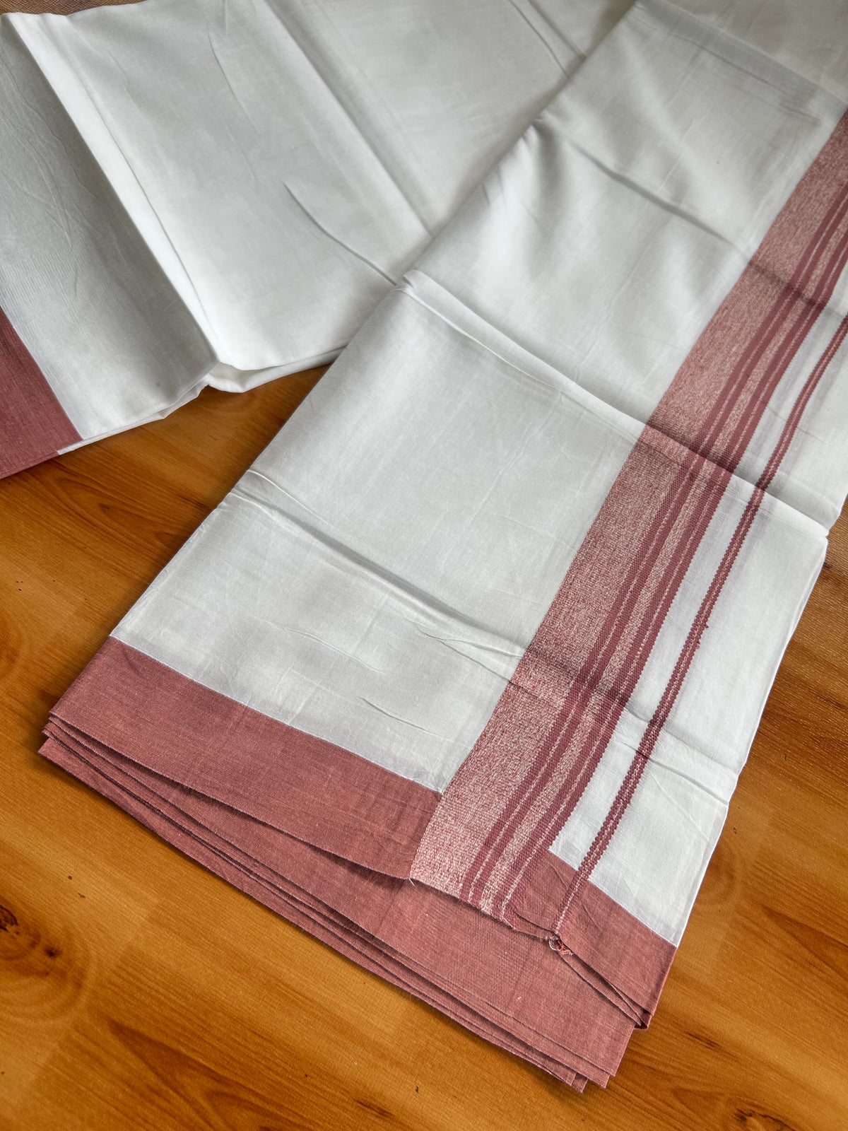 Pure White Double Mundu/Dhoti - 20% Discount ! Kaitharikada 100% Cotton - 100x80 - 1.75 inch Dark Peach Striped Kara 3.80 mtr (8 muzham) - 10 KK5558 THI