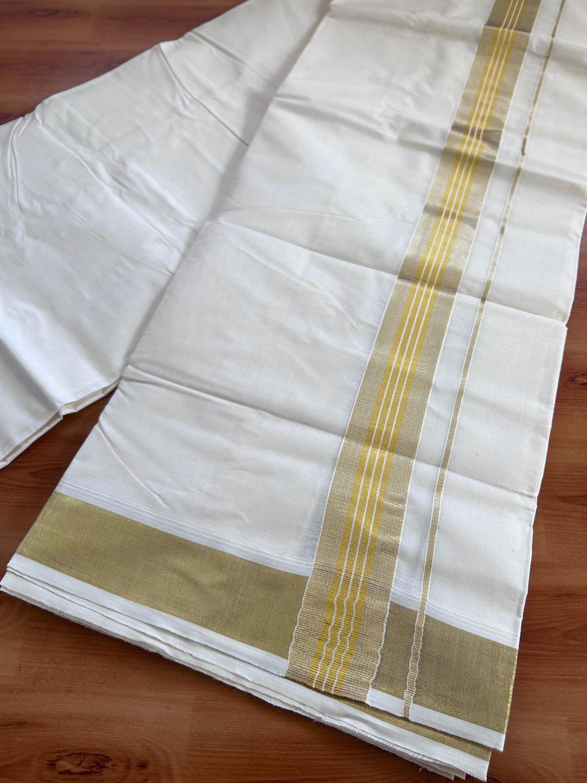 Off White (Unbleached) Double Mundu/Dhoti - 20% Discount ! KaithariKada Balaramapuram - 100% Pure Cotton - 100X80 - 1.5 inch Gold Kasav & Silver Kasav Striped Kara 4 mtr (8.5 Muzham) - 1 KK5513 MC