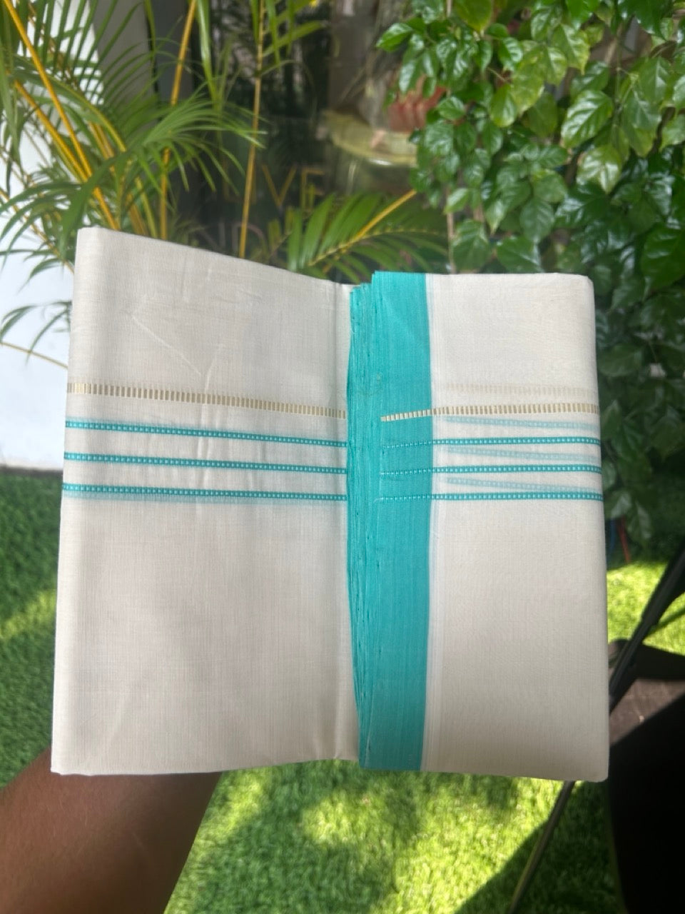 25% DISCOUNT!! KaithariKada HANDLOOM UNAKKUPAAV Balaramapuram - 100% PURE Cotton OFF White - (Unbleached) Double Mundu/Dothi - 80x100 - PURE JERRY 3 cm Turquoise blue stripes pattern kara 3.80 meter (8.5 Muzham) - 29KK5167REA